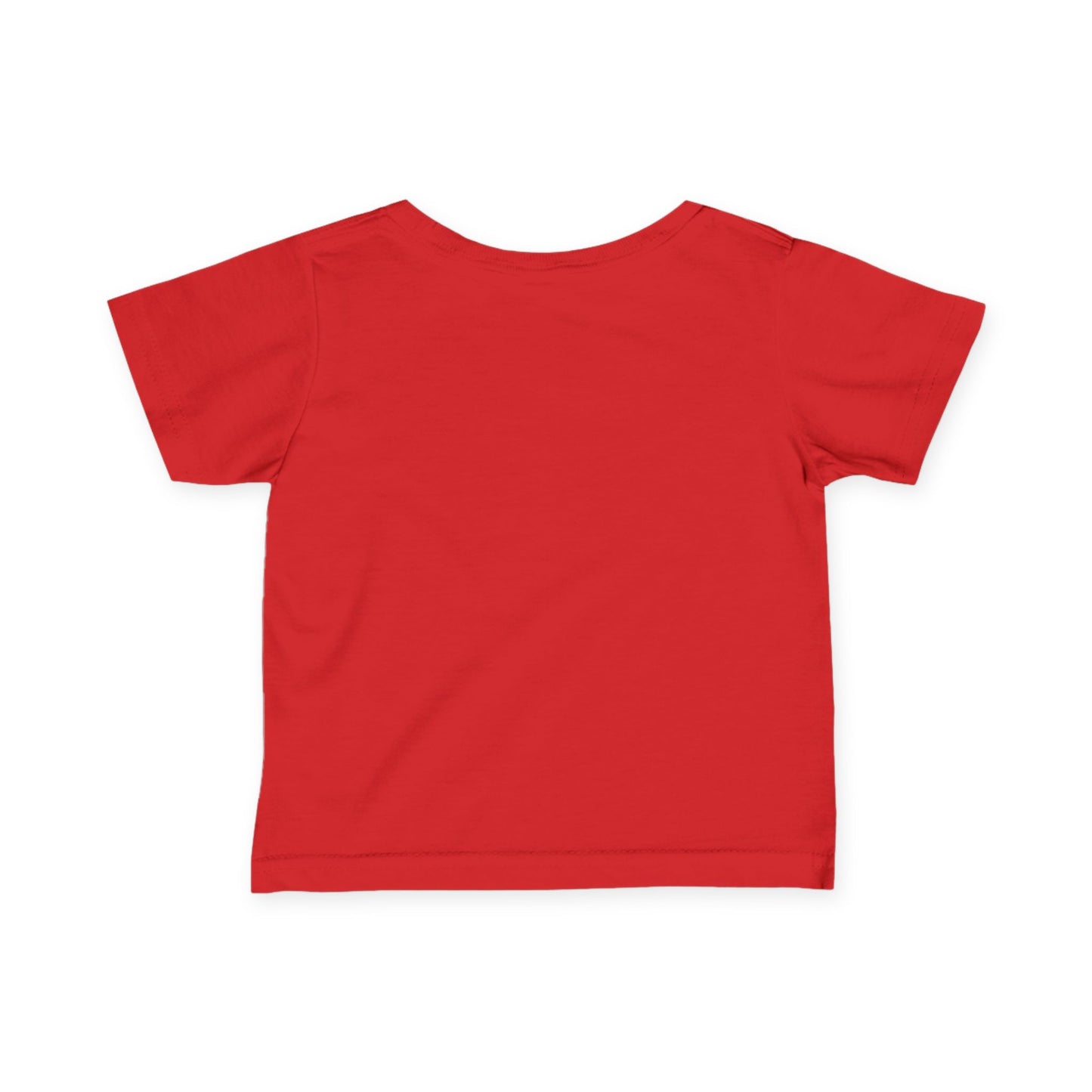 Close-up ribbed collar on red 'Mountain Biker in training' infant tee