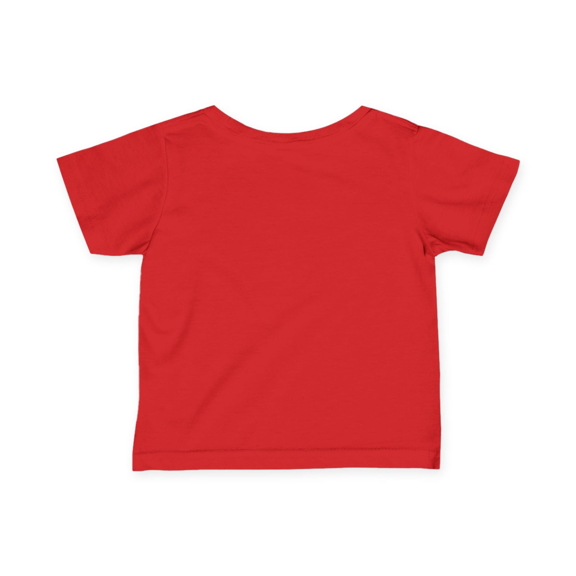 Close-up ribbed collar on red 'Mountain Biker in training' infant tee