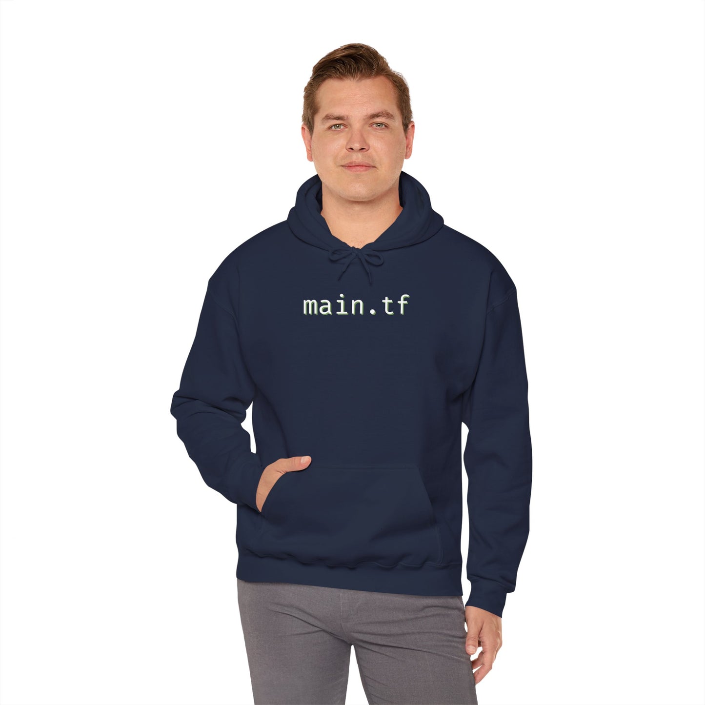 Model sporting navy blue "main.tf" pullover hoodie front, casual DevOps nod