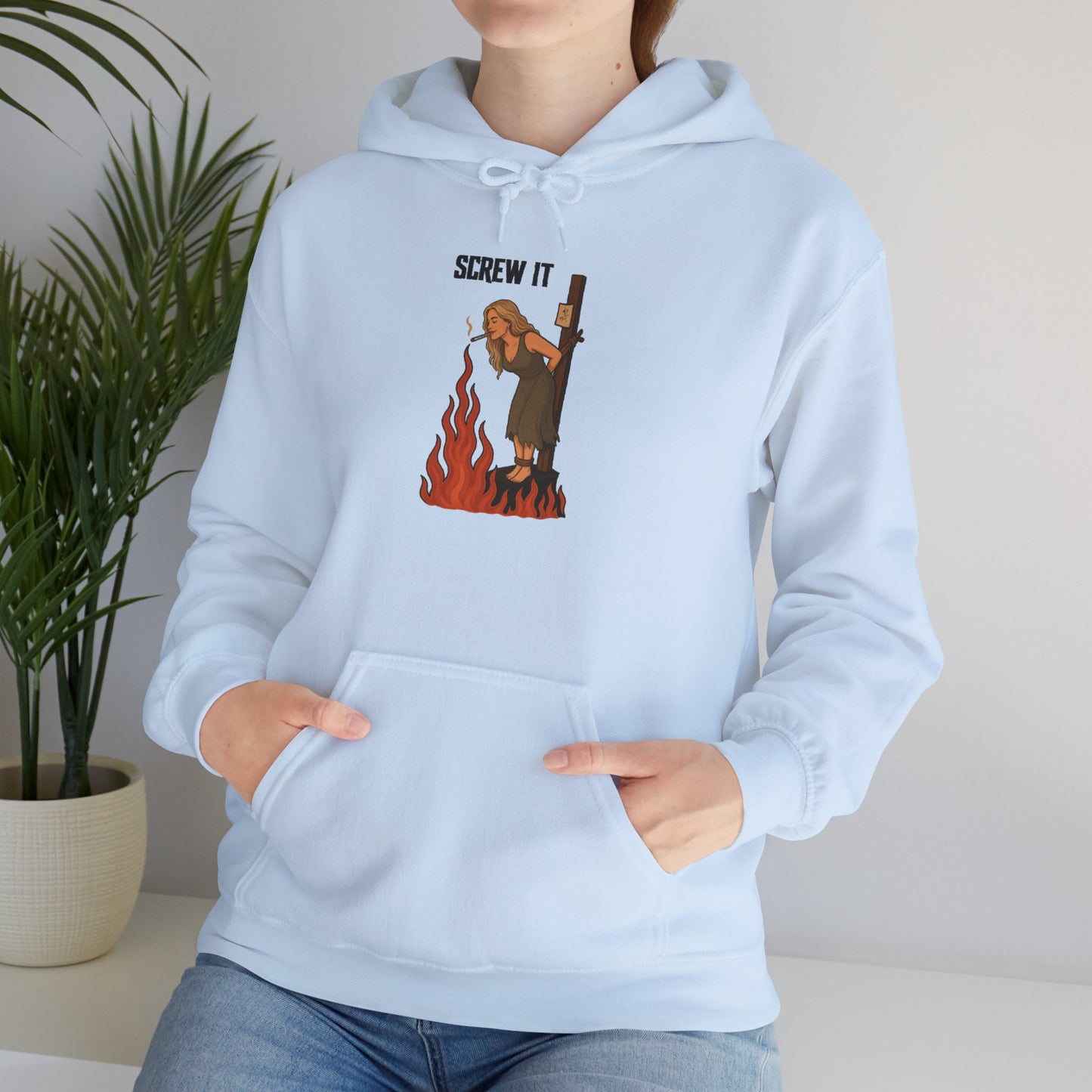 Screw It Hoodie – Funny Retro Character Flaming Witch Graphic Sweatshirt