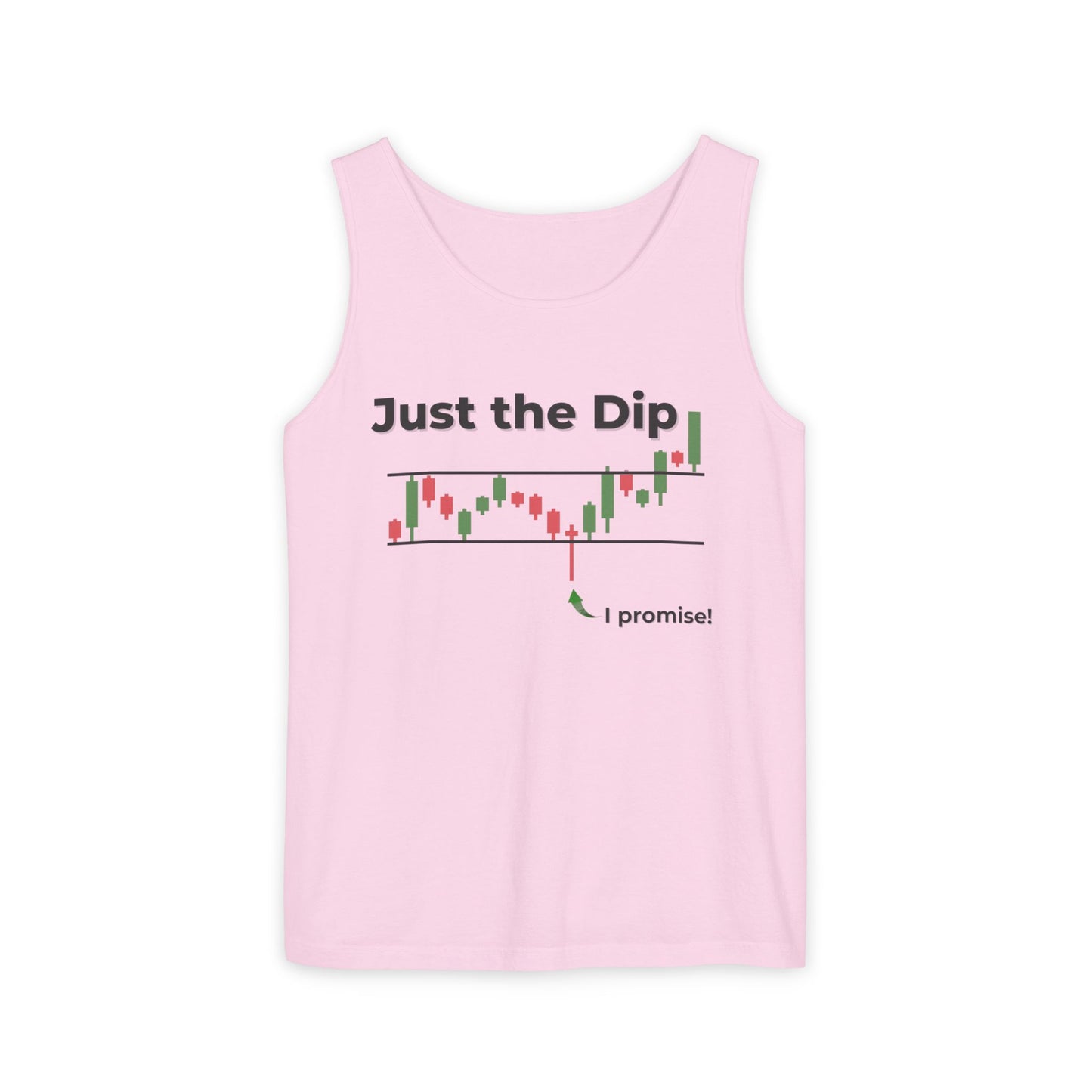 Front view of light pink "Just the Dip" tank featuring candlestick dip chart and cheeky "I promise!" arrow