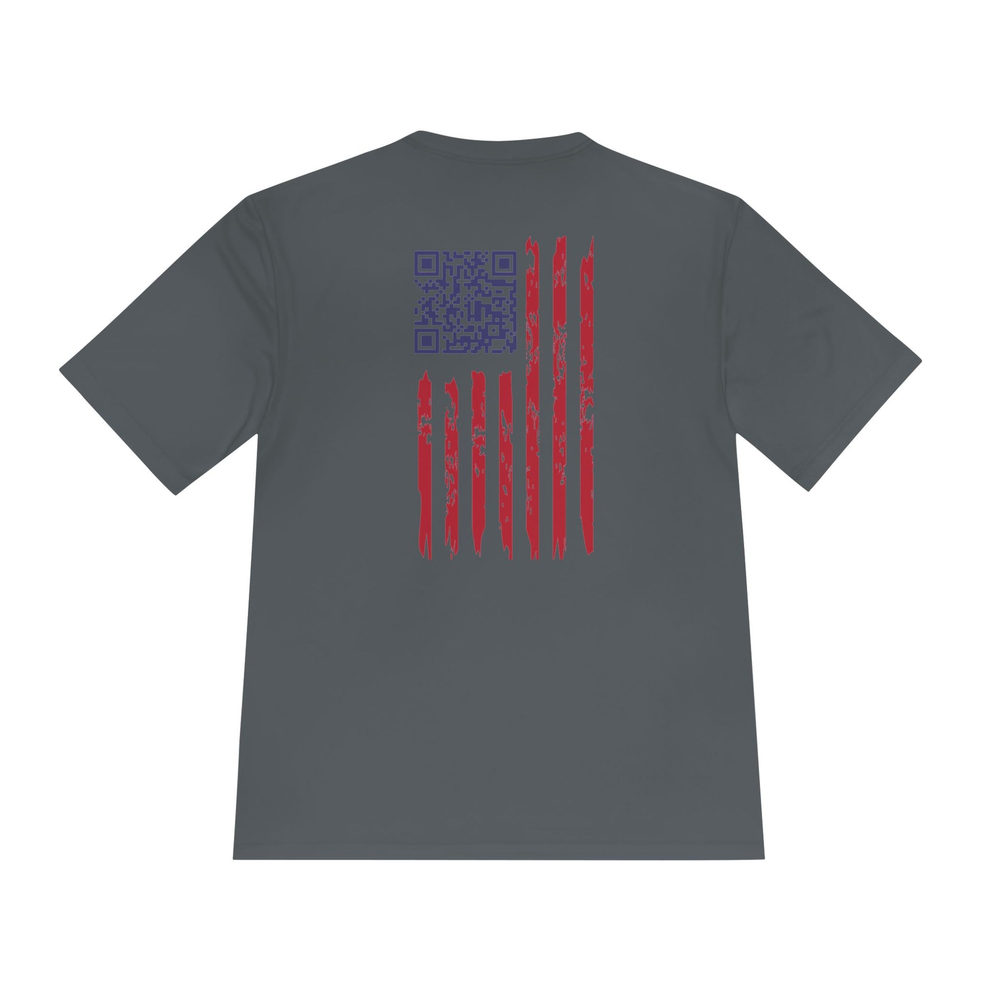 Back view of dark grey tee displaying blue QR code next to red distressed stripes
