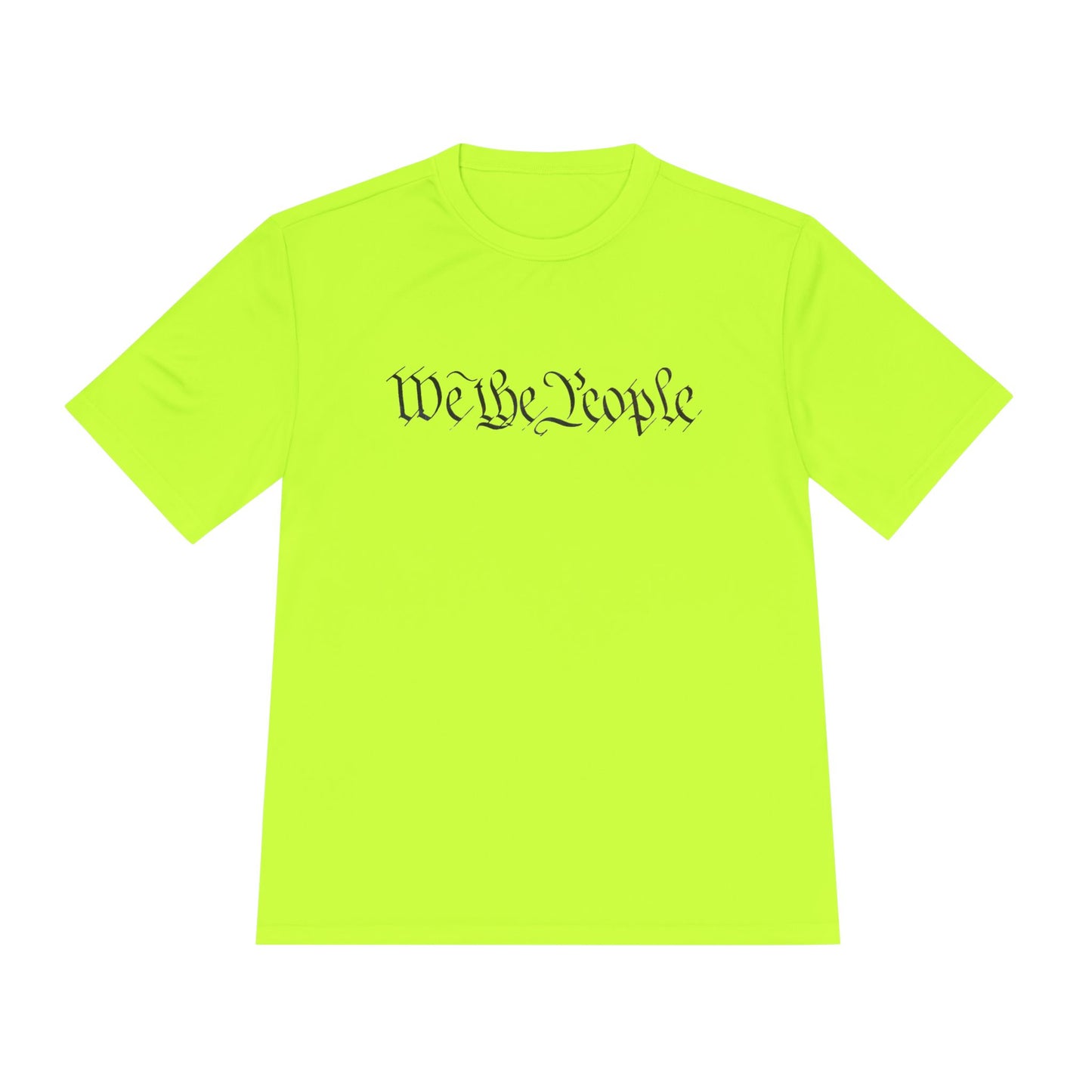 Front view of neon lime moisture-wicking tee with black cursive "We the People" print hiding QR easter egg