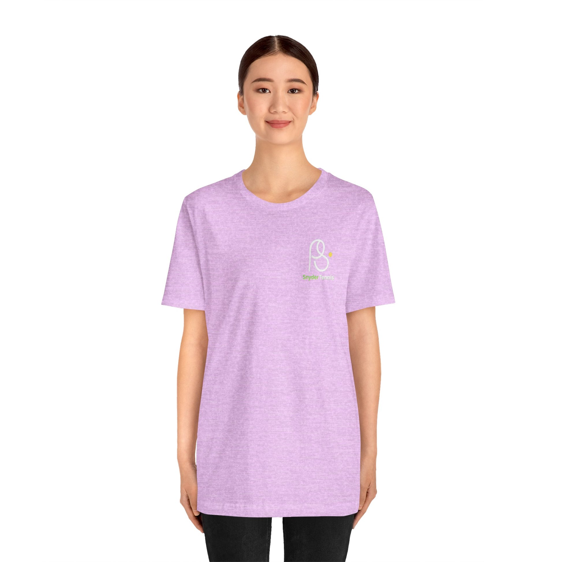 Female model front view rocking light purple tee with white PS tennis ball chest emblem