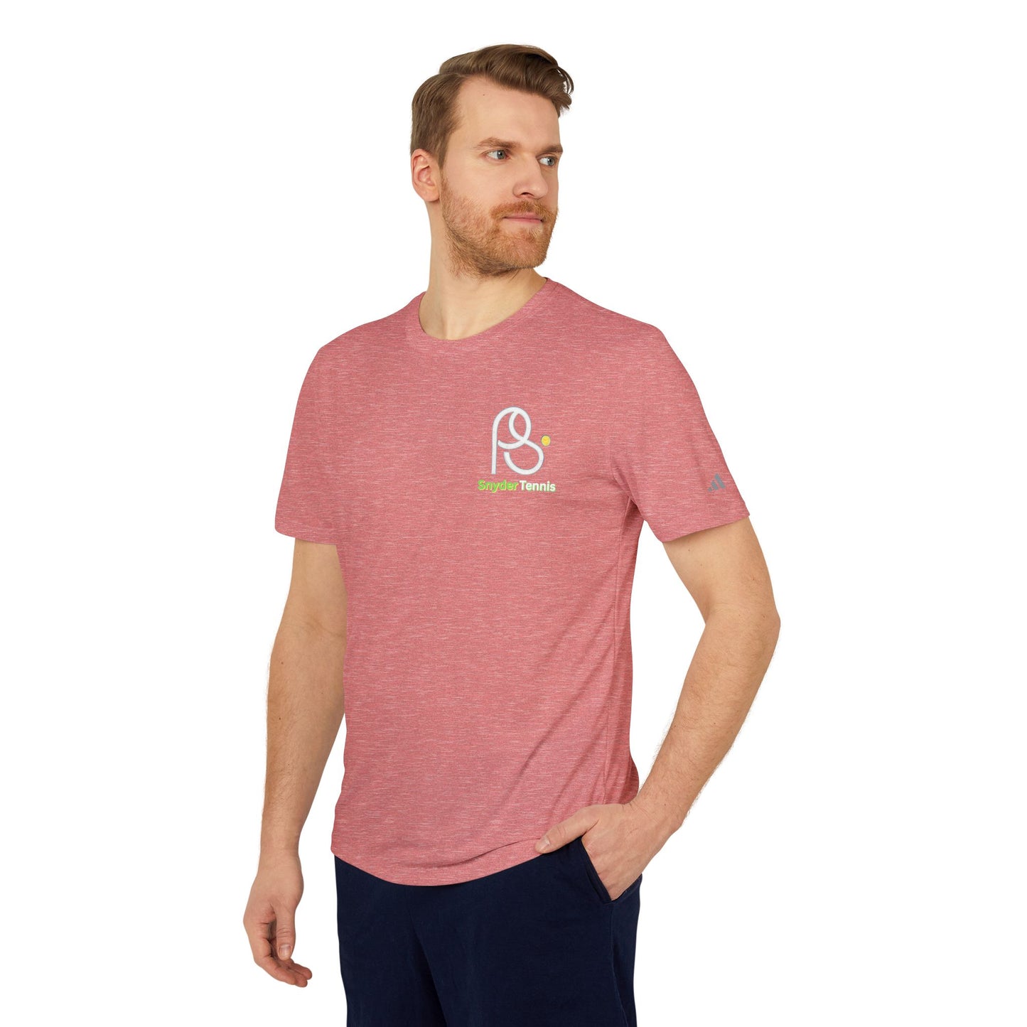 Side-front view of bearded male model in heather red tee, white "P8 Tennis" logo on chest, navy shorts, adidas performance vibes