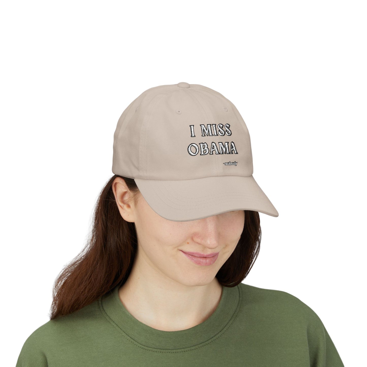 Front view khaki dad hat with white "I MISS OBAMA" black-outline embroidery, "-nobody" tag