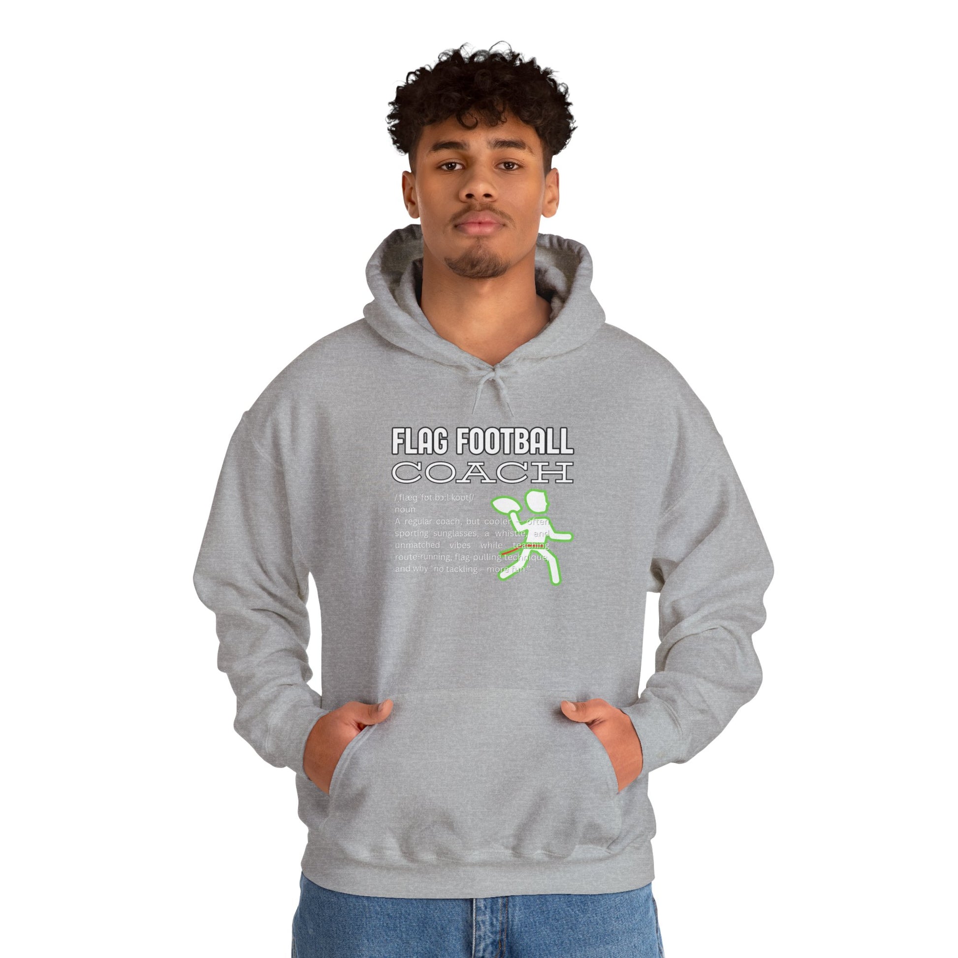 Curly-haired male in heather grey Flag Football Coach hoodie, front print glowing