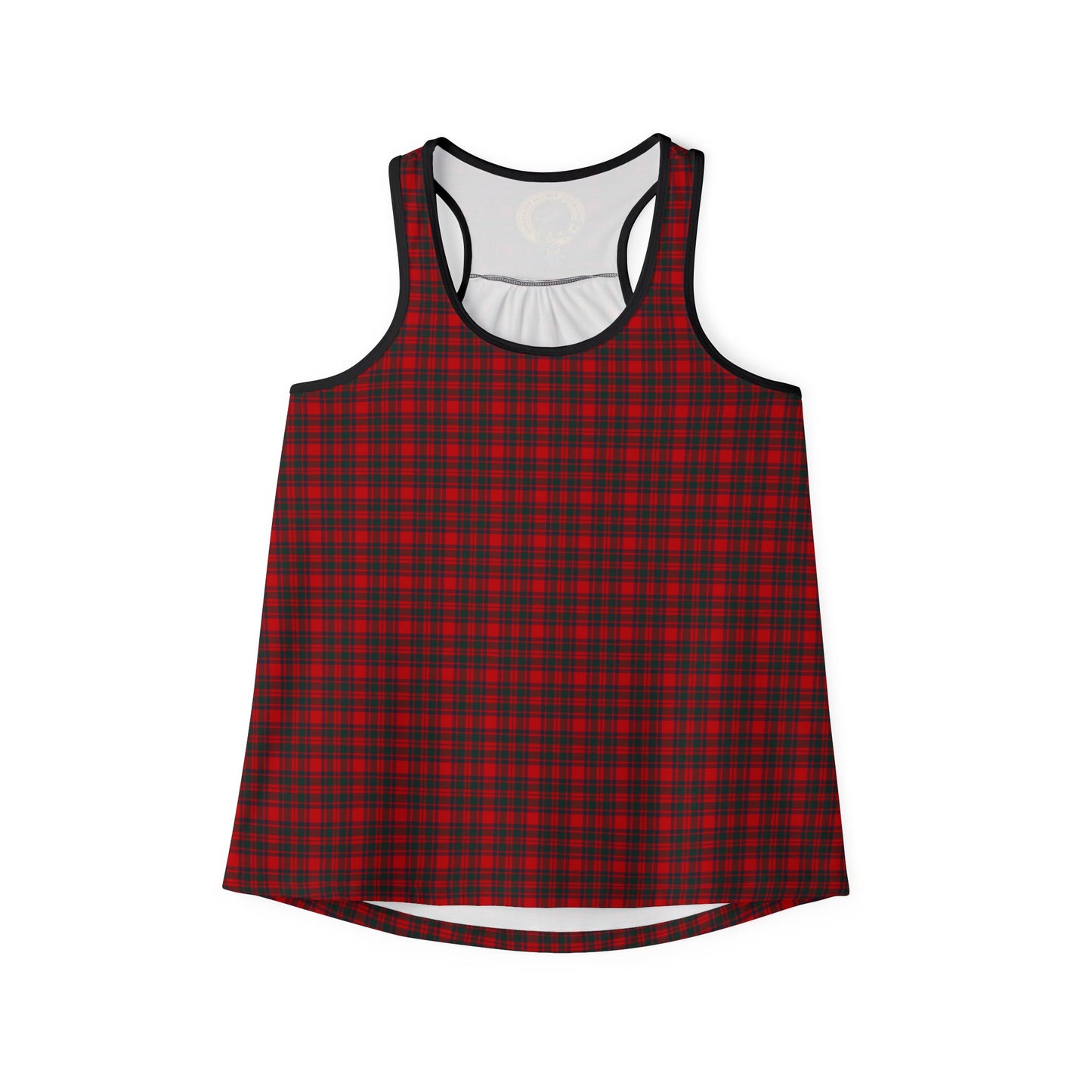 Front view of red-and-black plaid Clan MacKintosh tartan women's racerback tank top, lightweight all-over print on white background