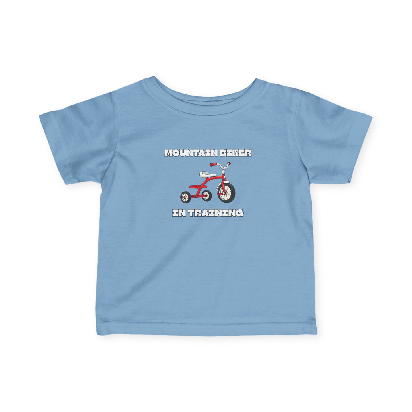 Light blue 'Mountain Biker in training' red tricycle infant tee - front view