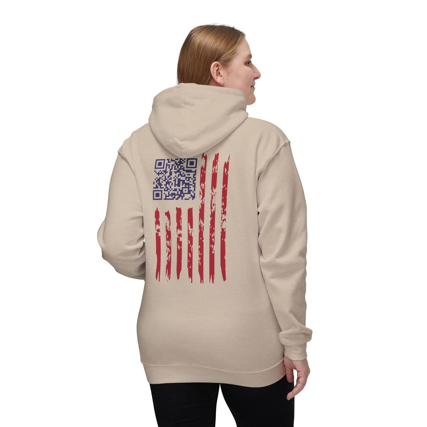 Woman modeling cream hoodie back, brushstroke US flag featuring QR code in blue field