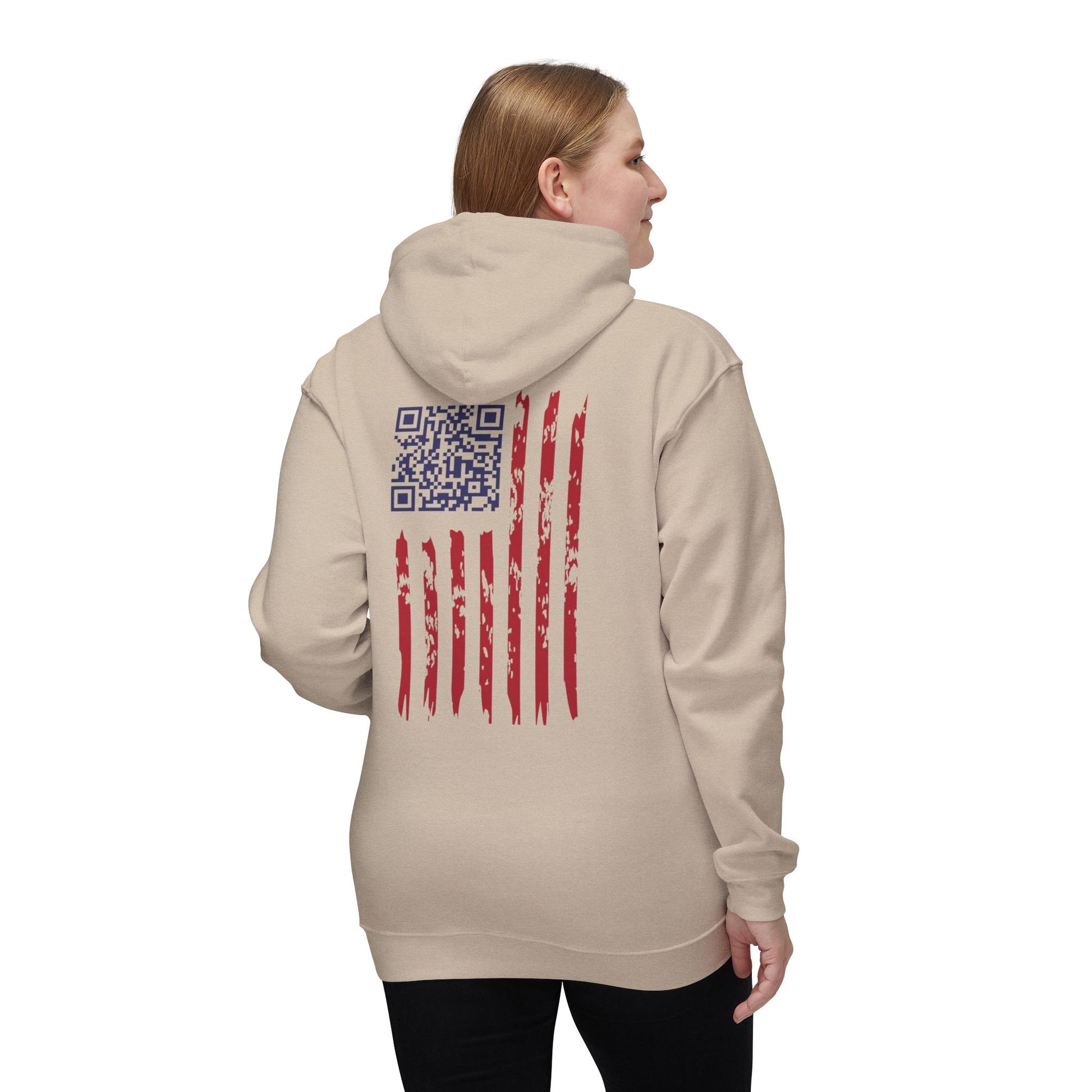 Woman modeling cream hoodie back, brushstroke US flag featuring QR code in blue field
