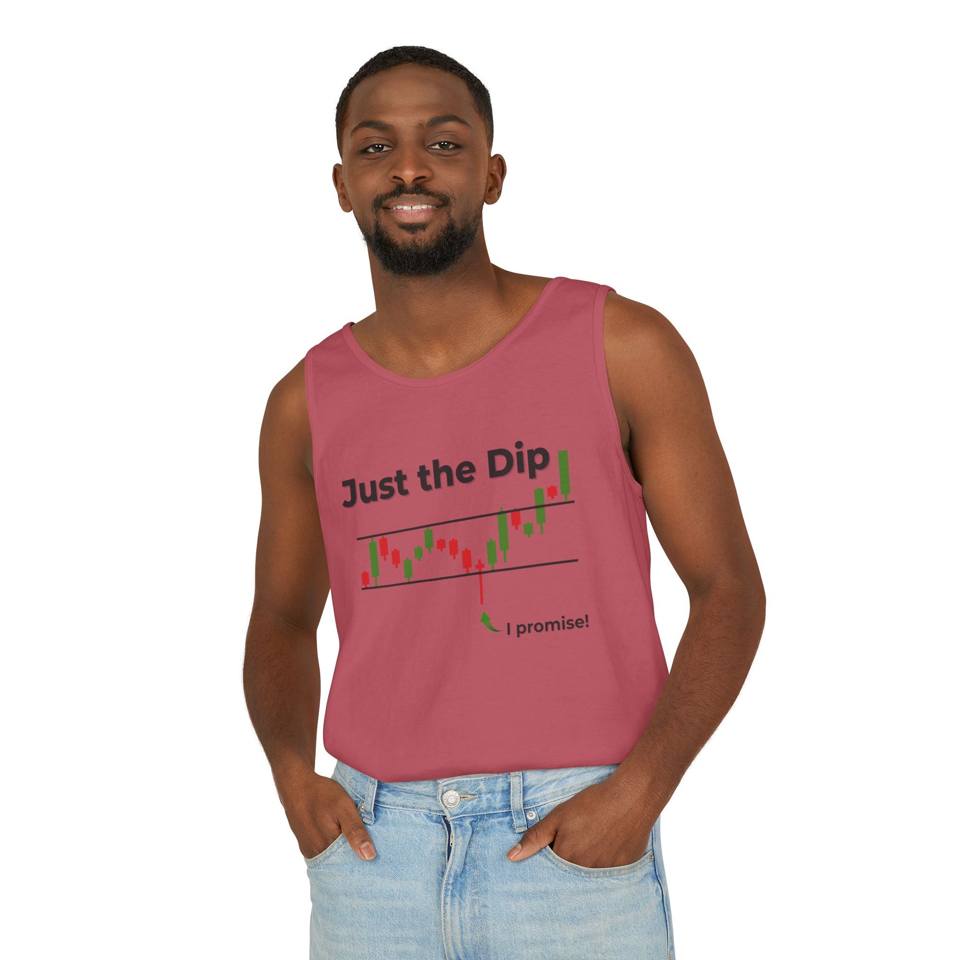 Front view of smiling bearded man in hot pink "Just the Dip" candlestick tank top with "i promise!" arrow, relaxed jeans