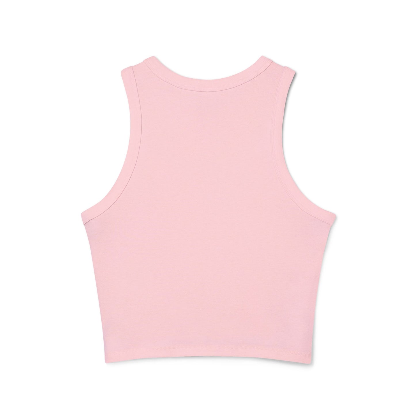 Back view of plain pink racerback crop tank, smooth fabric and racerback straps