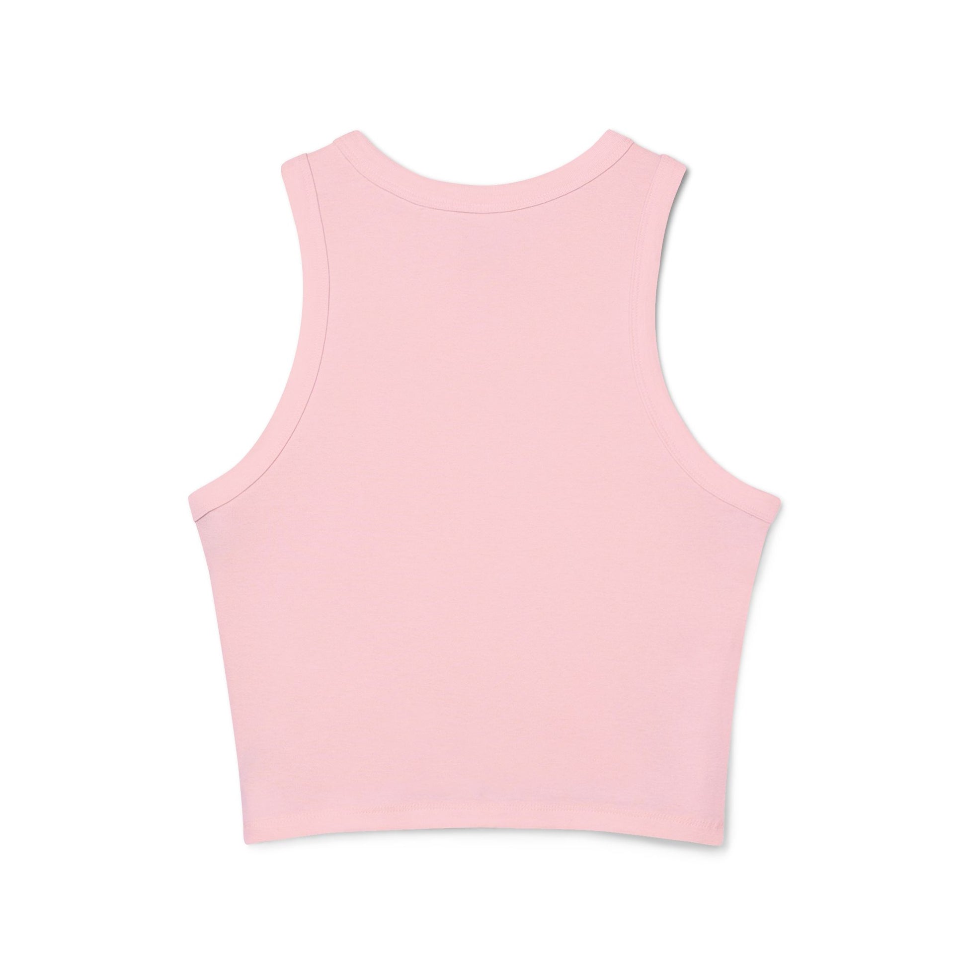 Back view of plain pink racerback crop tank, smooth fabric and racerback straps