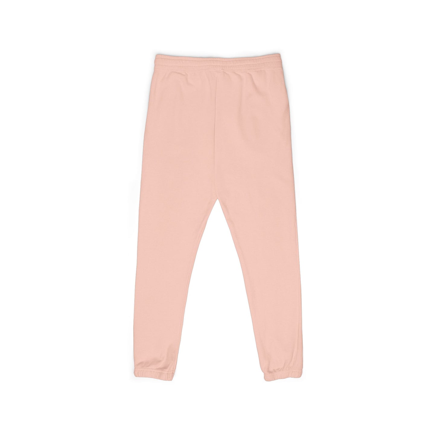 Front flat lay of soft peachy fleece joggers, elastic waistband, tapered cuffs — chill ready