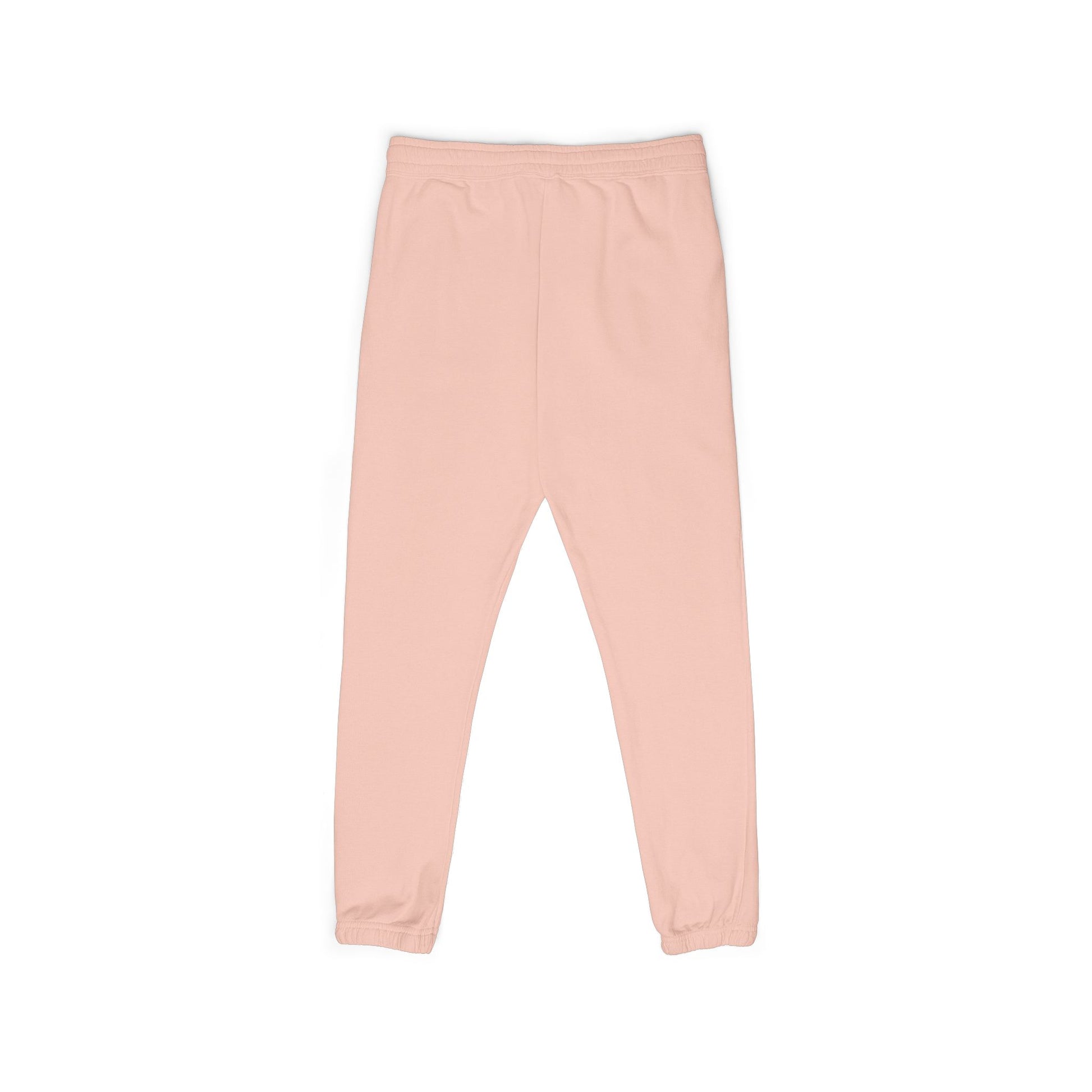 Front flat lay of soft peachy fleece joggers, elastic waistband, tapered cuffs — chill ready