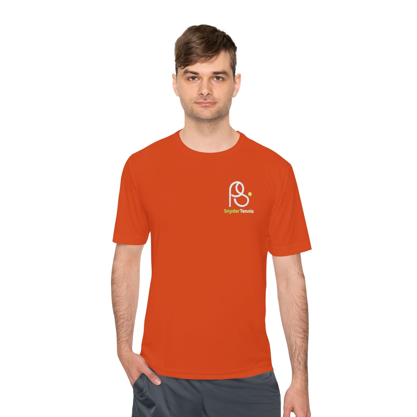 Guy modeling front of orange moisture-wicking tee, white PS logo over green Bryant Tennis on left chest