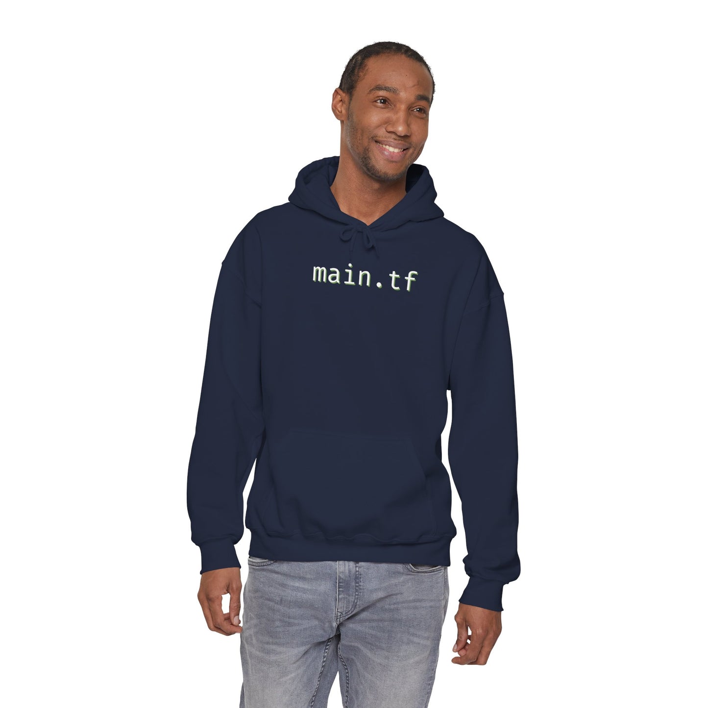 Smiley model in front-view navy "main.tf" hoodie over jeans – Terraform ready