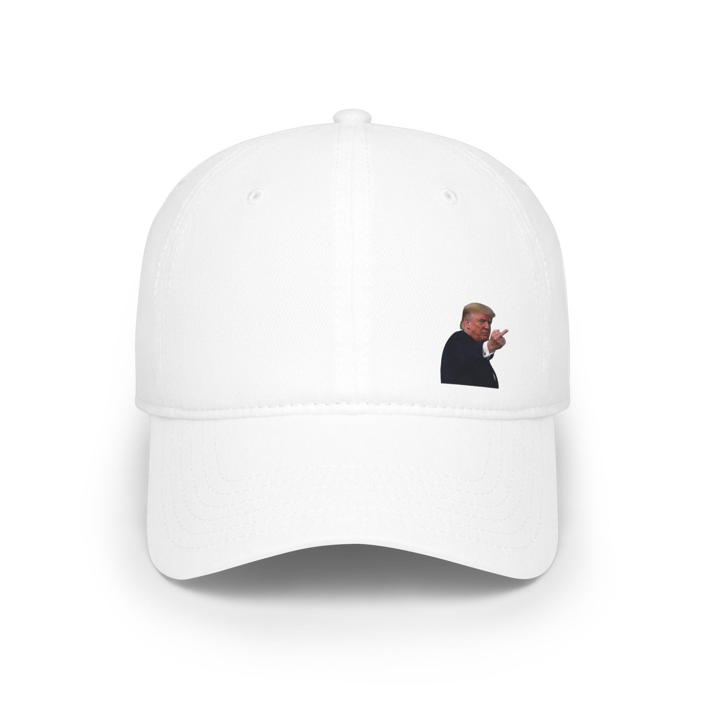 Front view of white baseball cap with Trump Ford plant meme embroidery