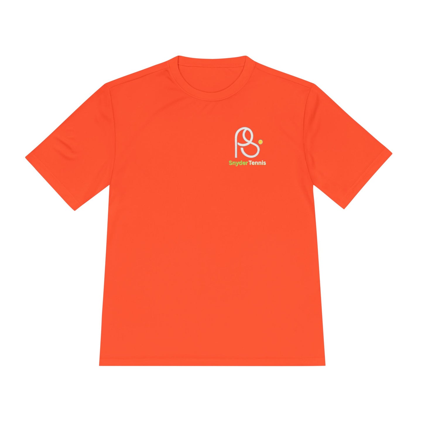 Flat front orange Coach Pete Snyder tee, white outline PS circle and Bryant Tennis logo owning the court vibe