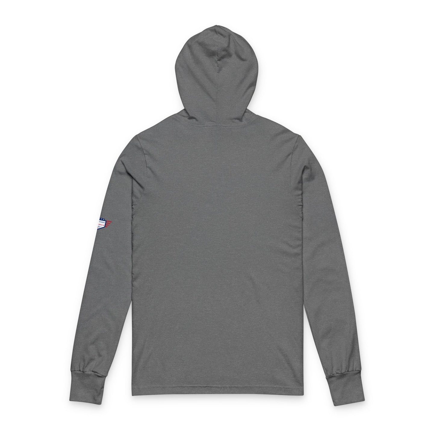Back view of grey unisex hoodie, plain design with sleeve patch detail