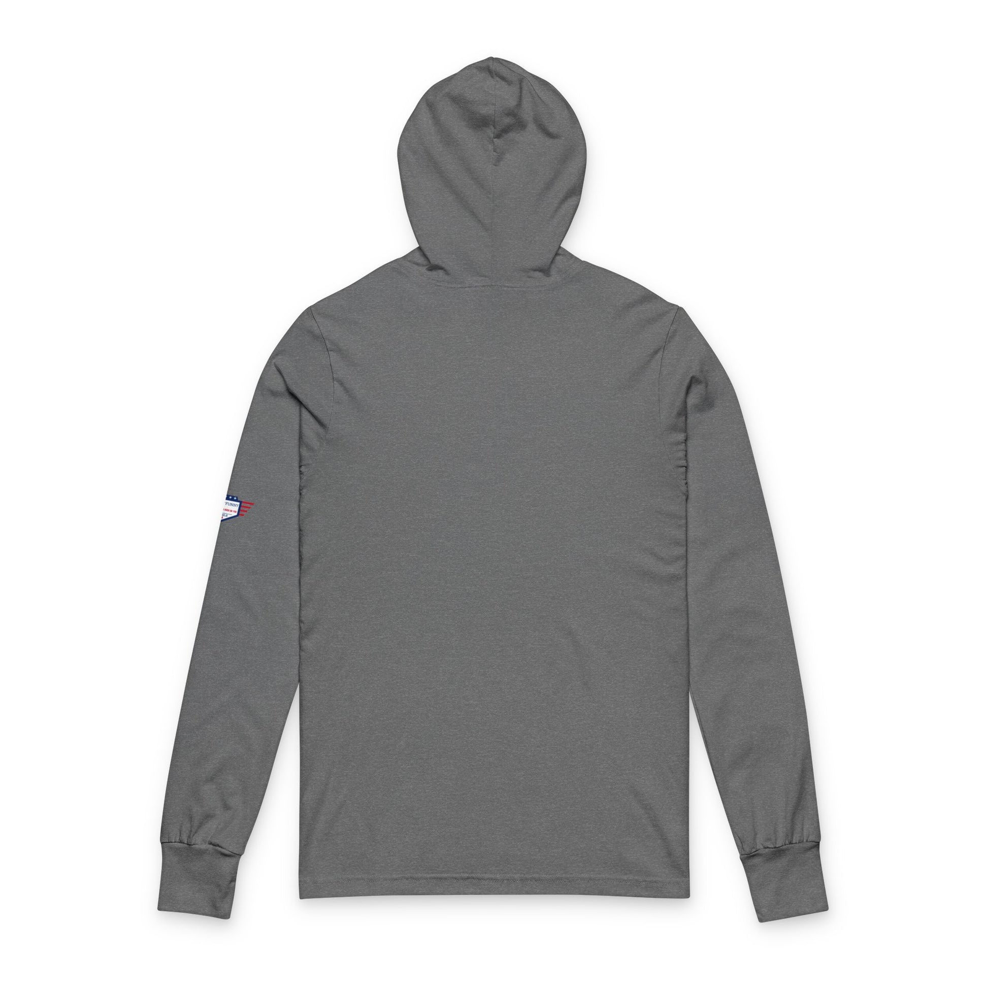 Back view of grey unisex hoodie, plain design with sleeve patch detail