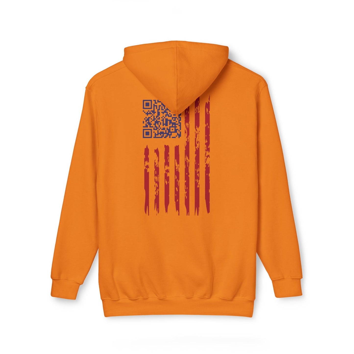 Flat back view of bright orange hoodie, distressed flag graphic with QR code for Trump dance