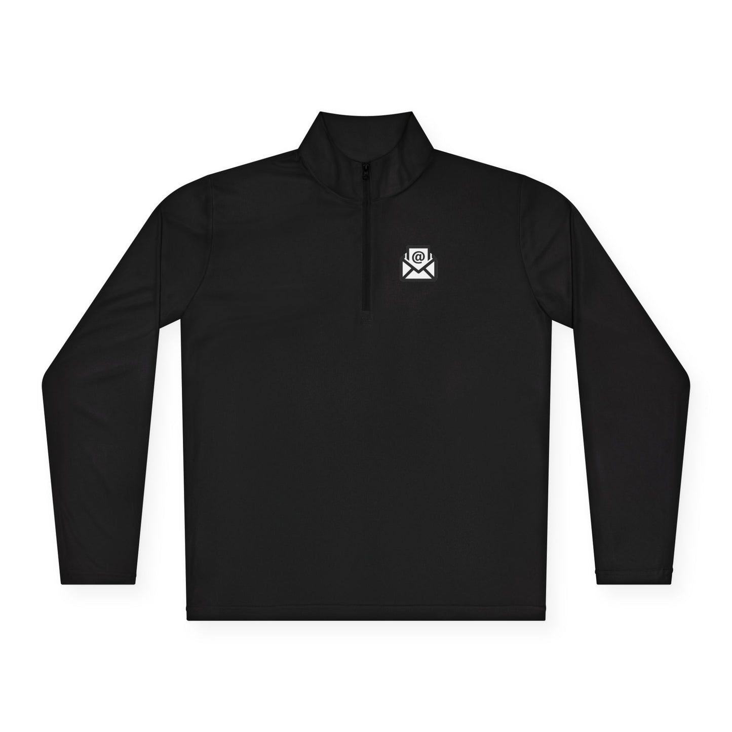 Front view of black quarter-zip pullover featuring white envelope emblem on chest