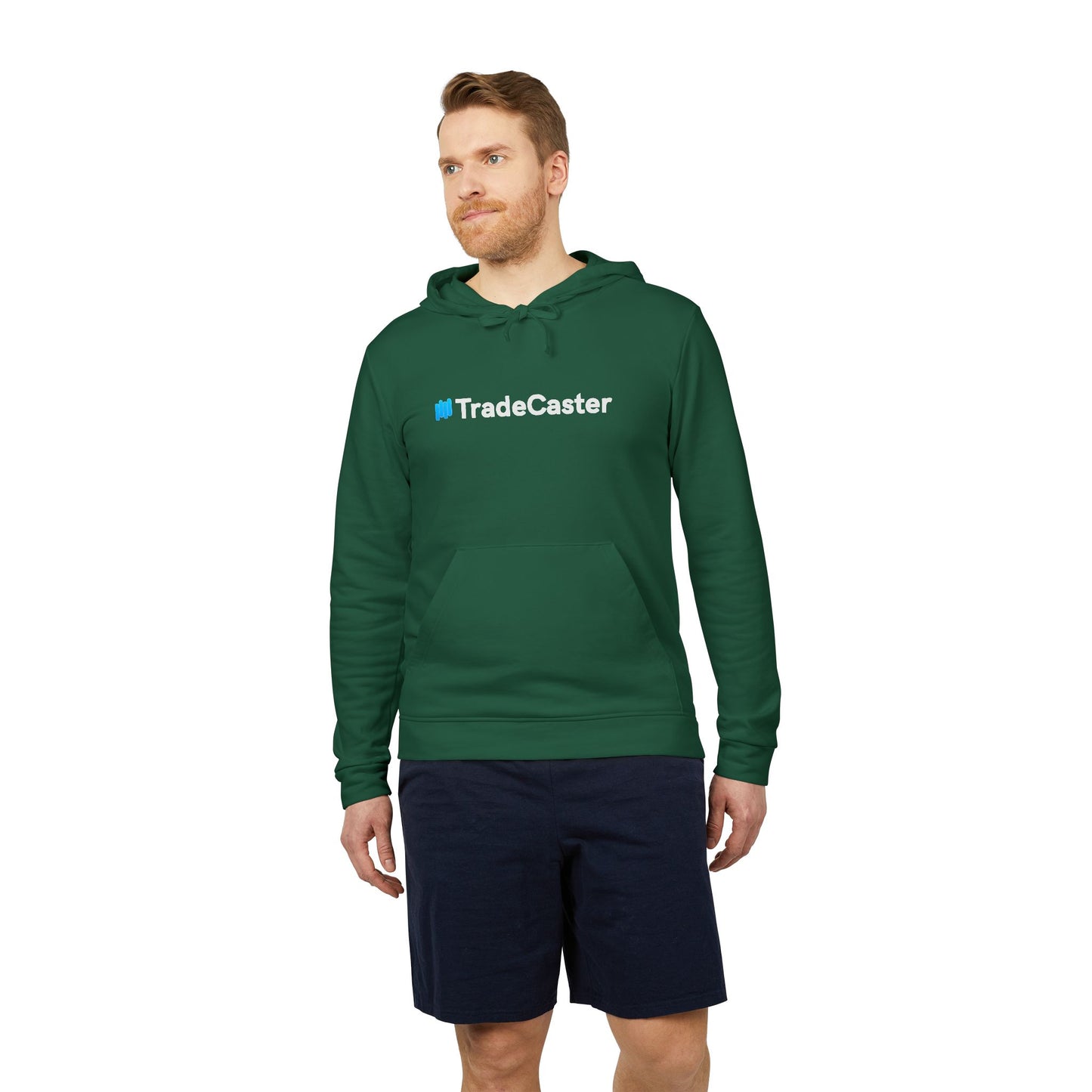 Bearded guy in front view of navy Adidas #TradeCaster fleece hoodie, centered logo stealth-flexing with kangaroo pocket