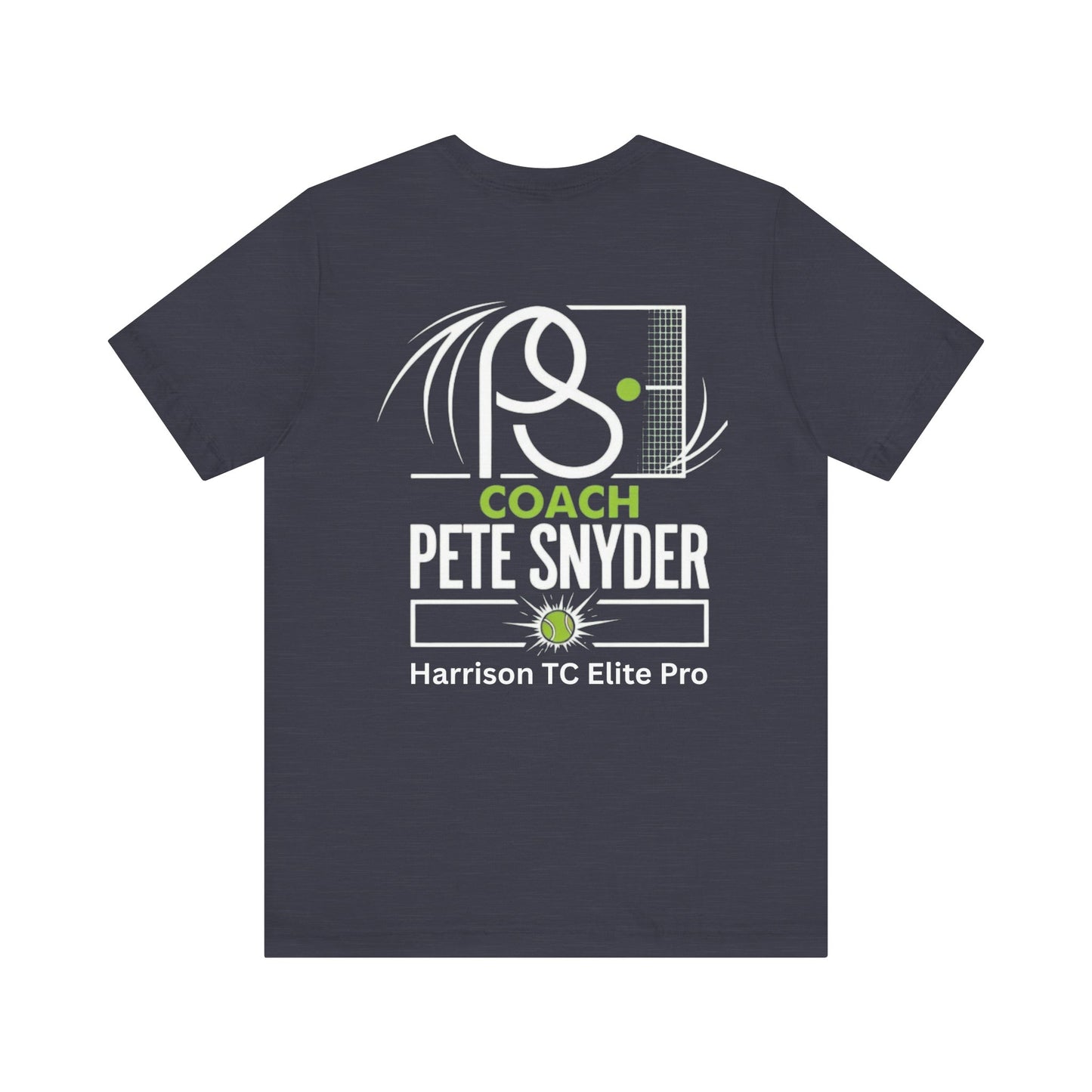 Close-up of back print on charcoal gray tee: stylized tennis racket, ball, "COACH PETE SNYDER" and "Harrison TC Elite Pro" in white and green