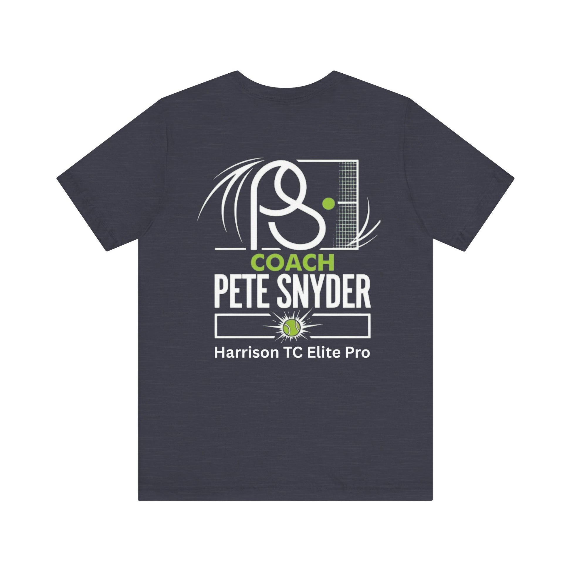 Close-up of back print on charcoal gray tee: stylized tennis racket, ball, "COACH PETE SNYDER" and "Harrison TC Elite Pro" in white and green