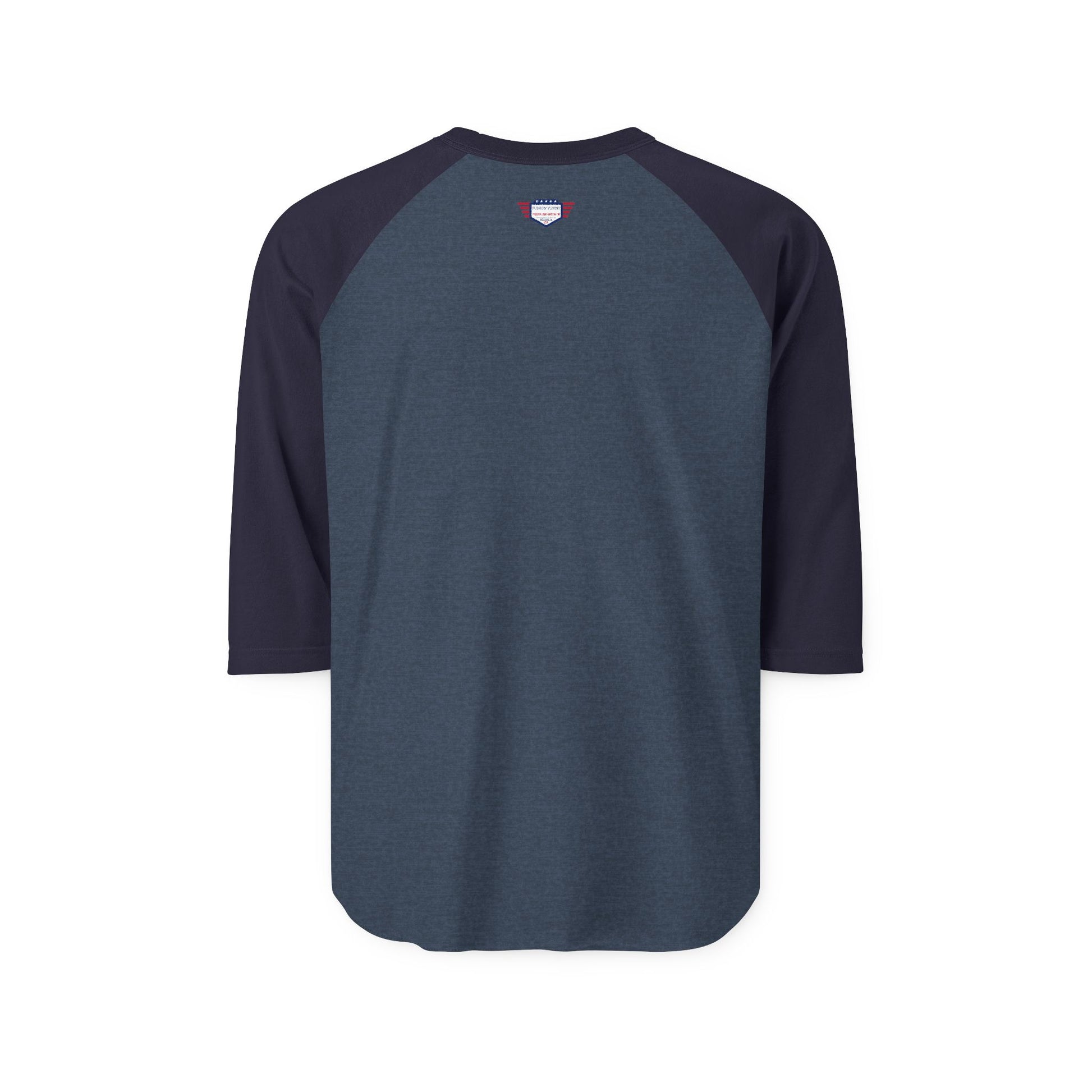 Navy raglan shirt with dark sleeves, back view showing plain fabric and tiny neck tag