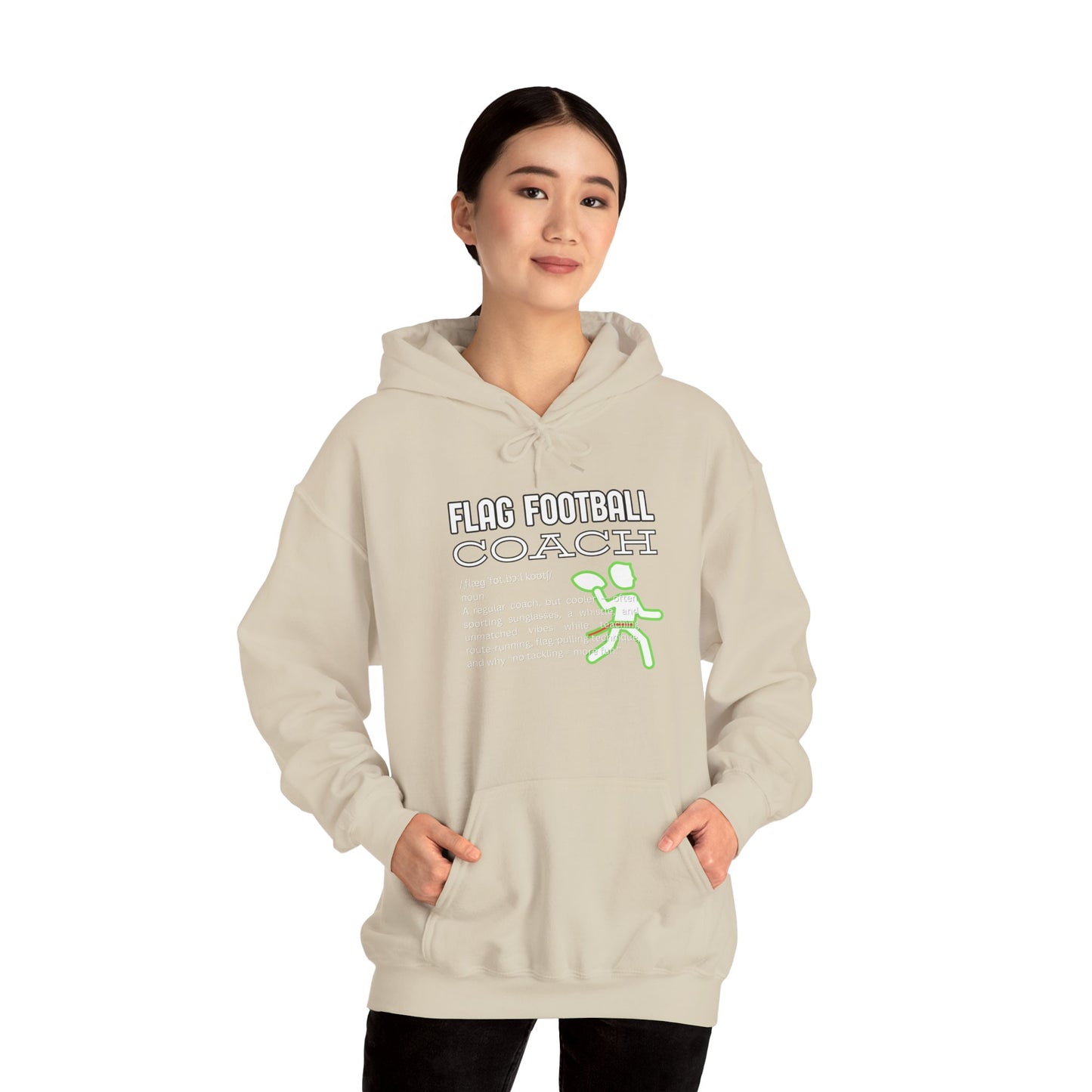 Asian female model in light beige Flag Football Coach hoodie, hands in pockets, neon accents pop