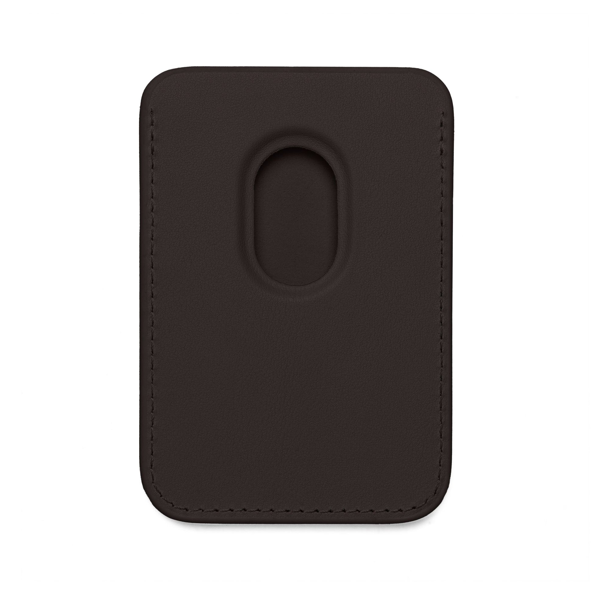 Plain black vegan leather MagSafe wallet front showing oval card slot — minimalist magnetic magic