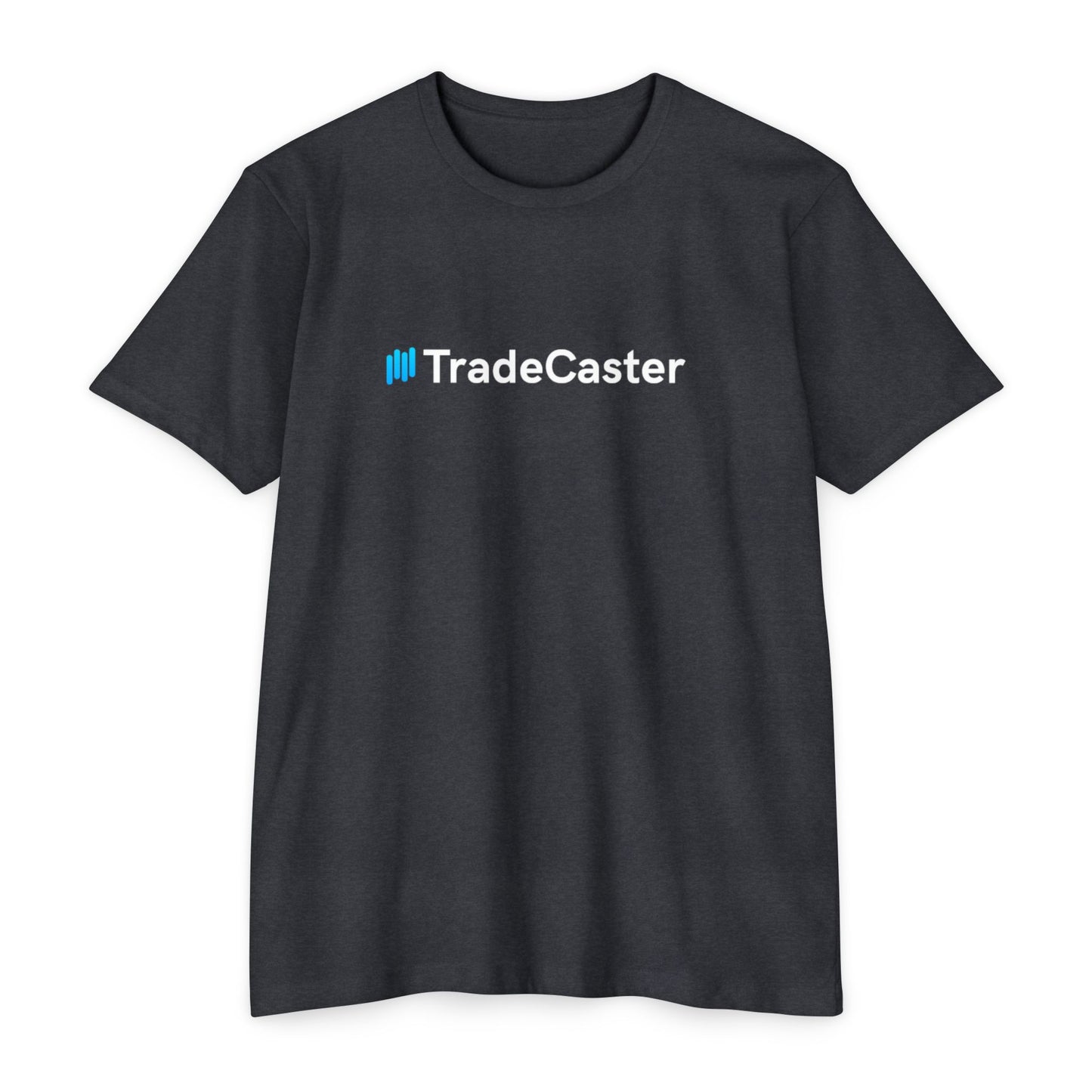 Front view of navy blue unisex TradeCaster CVC jersey t-shirt with blue || icon and white text print