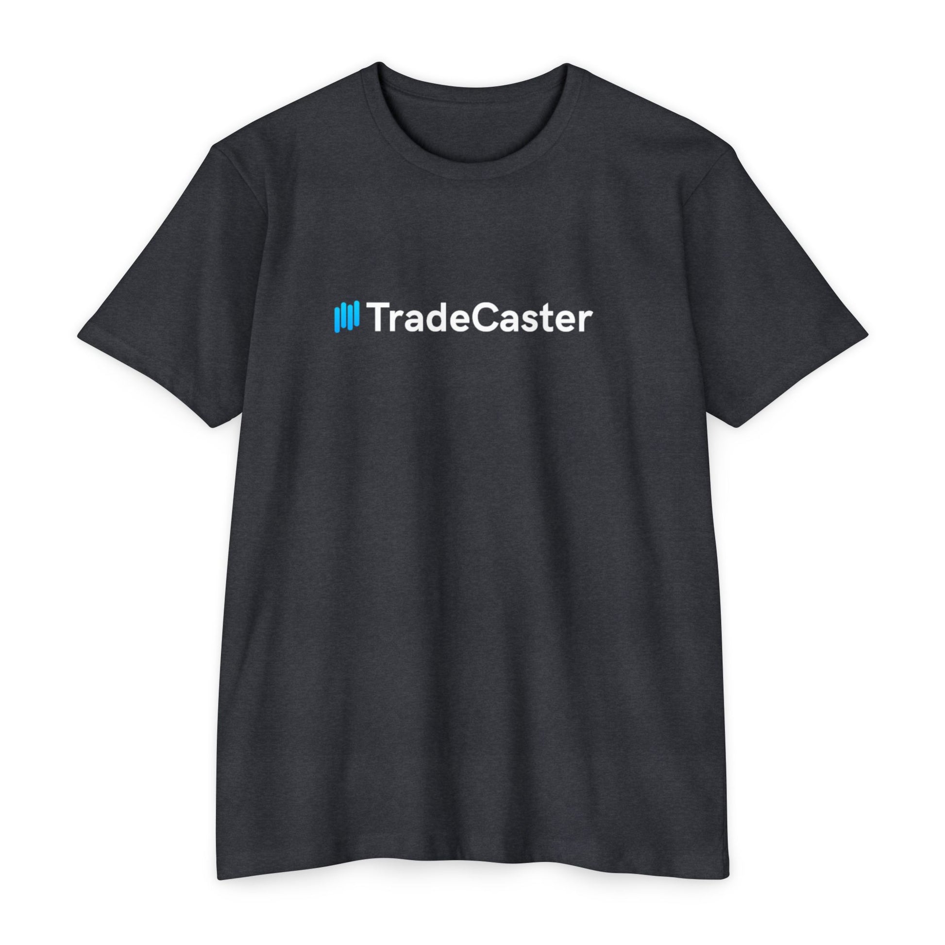 Front view of navy blue unisex TradeCaster CVC jersey t-shirt with blue || icon and white text print