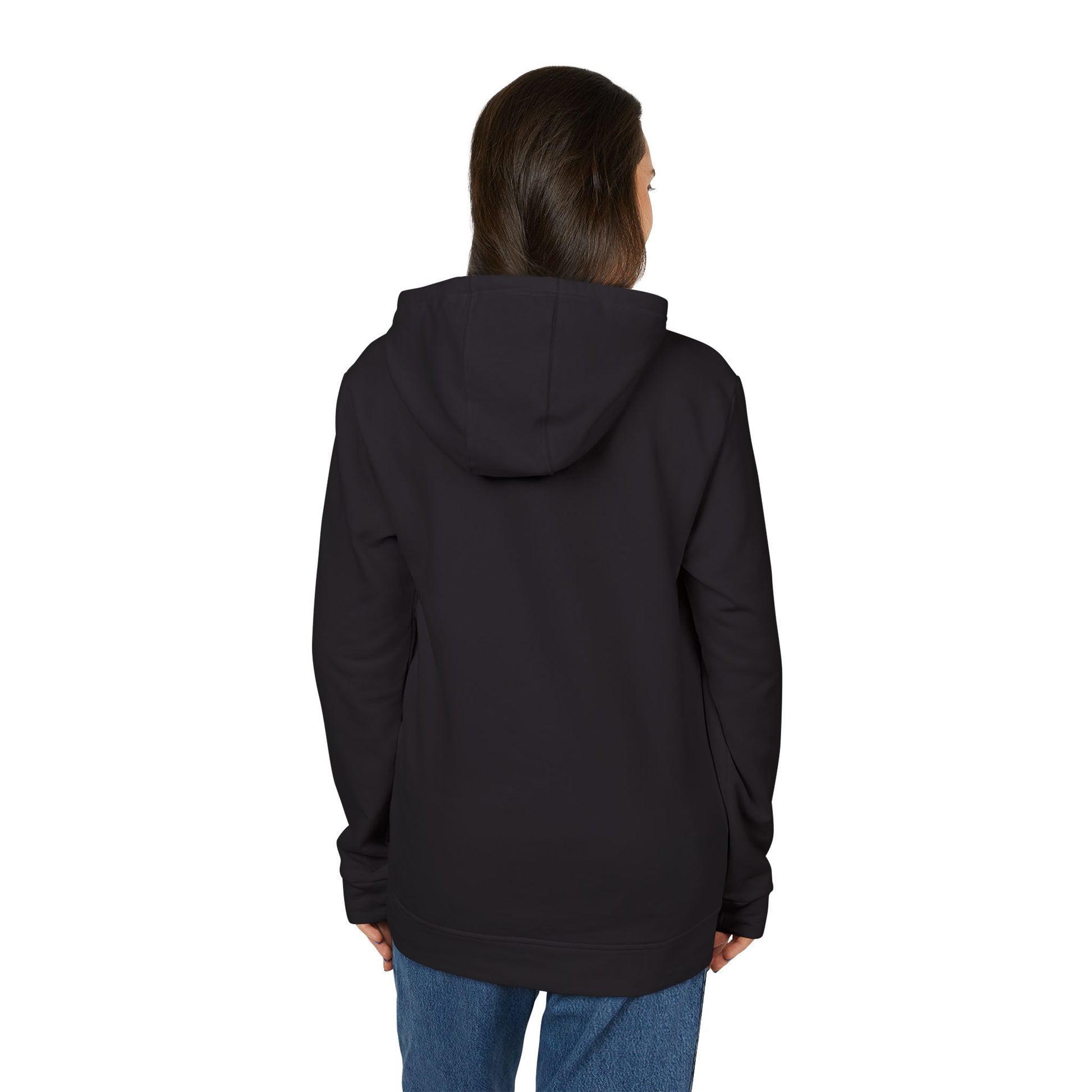 Back view of woman in navy Adidas fleece hoodie, hood up ready, simple jeans below