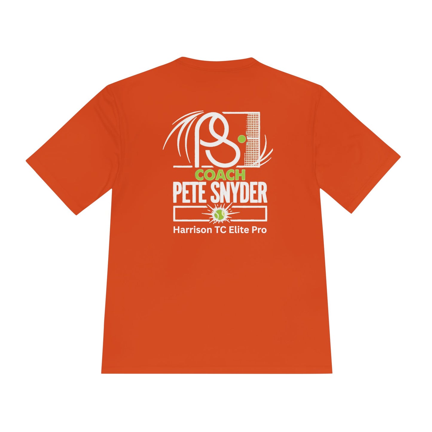 Back of orange tee with bold white Coach Pete Snyder text, outlined racket graphic, green details, Harrison TC Elite Pro