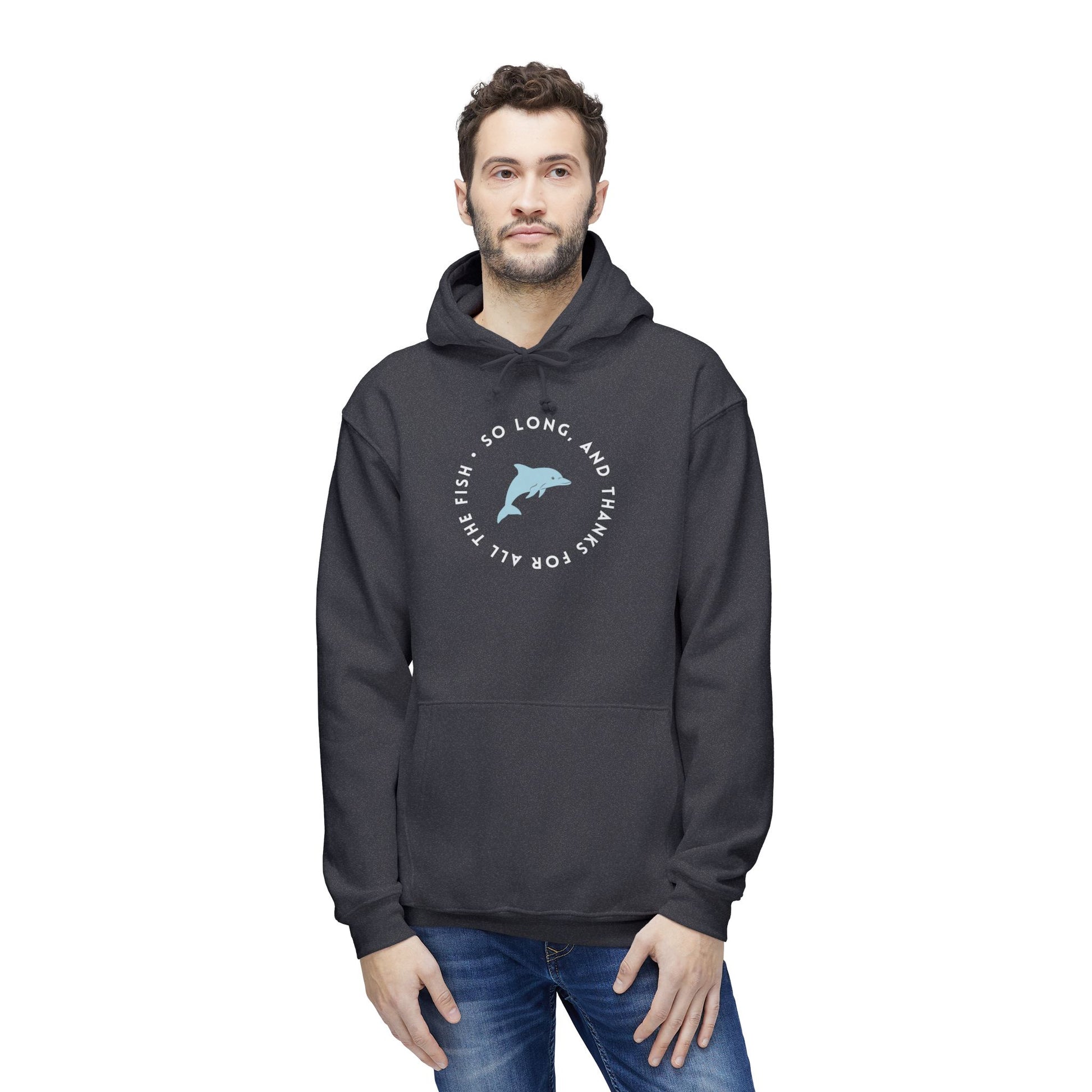 Male model wearing navy hoodie front, cosmic "So long, and thanks for all the fish" dolphin print