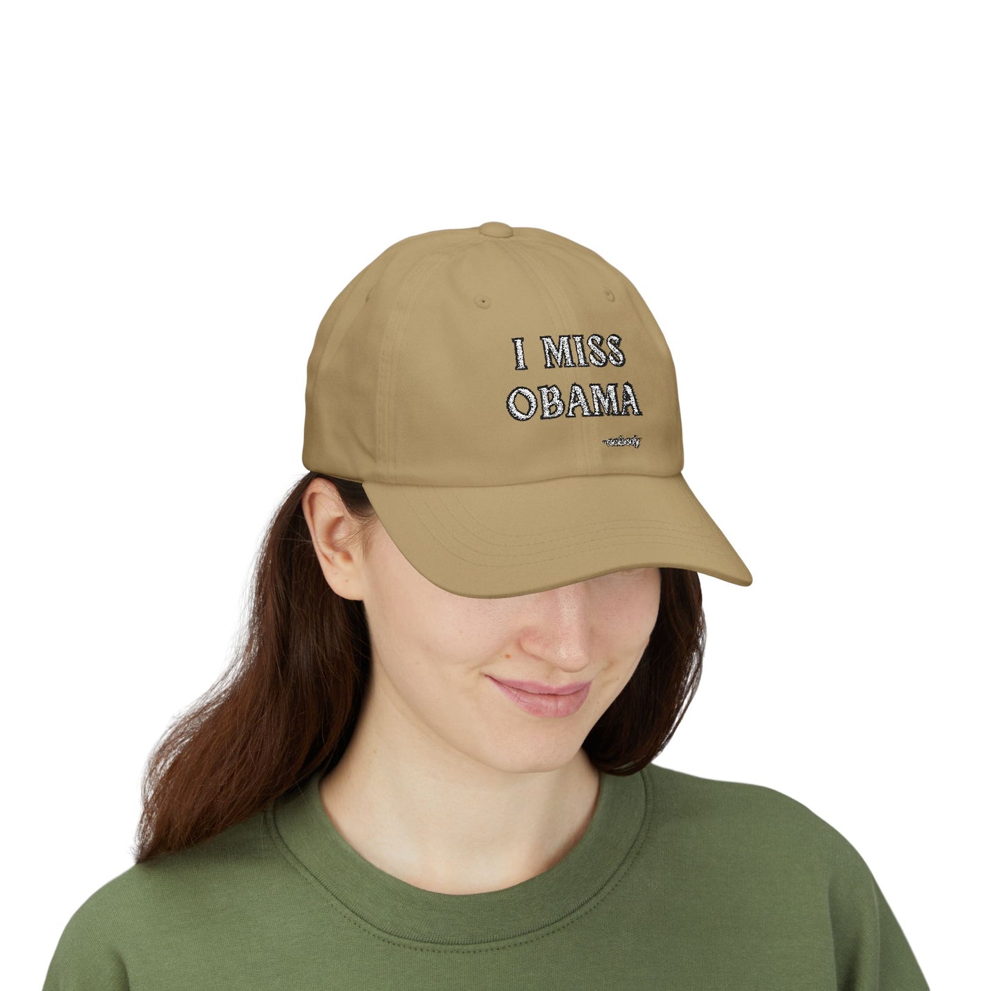 Khaki dad hat front embroidered white "I MISS OBAMA" over black lines, "-nobody" wink