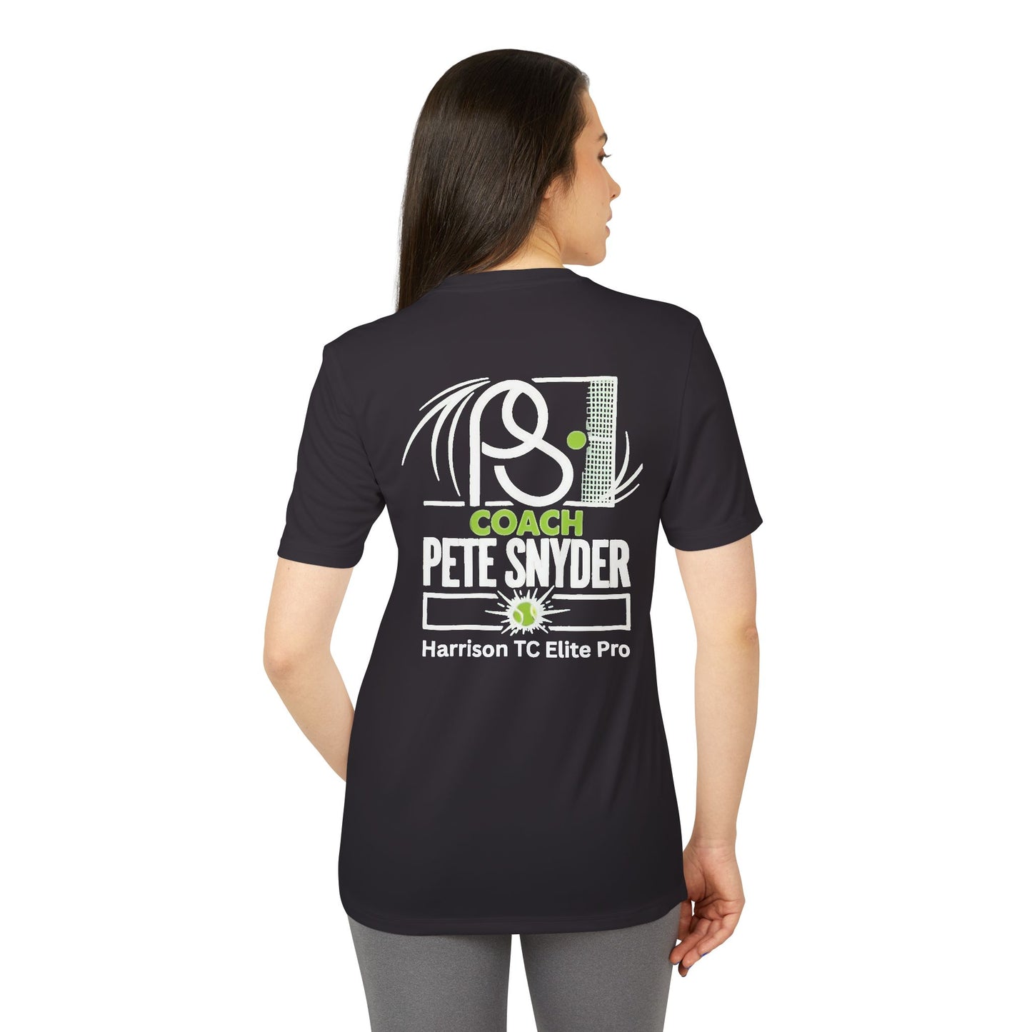 Back view of black tee on woman: bold Coach Pete Snyder pickleball art & Harrison TC Elite Pro