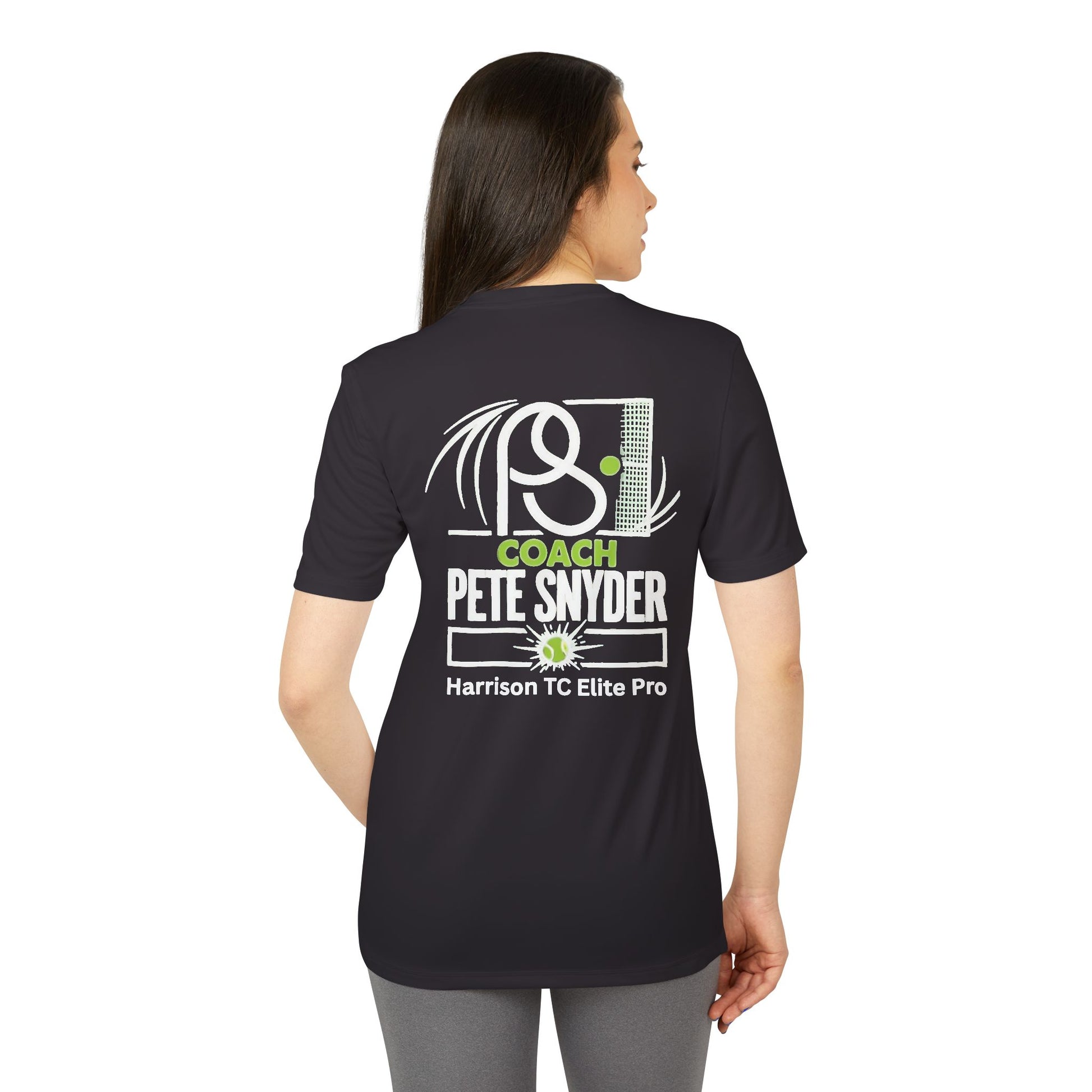 Back view of black tee on woman: bold Coach Pete Snyder pickleball art & Harrison TC Elite Pro
