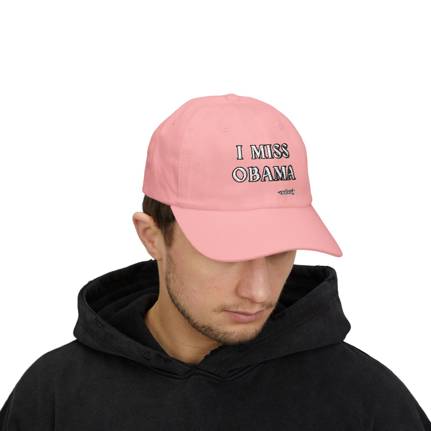 Pink dad hat back view featuring antique brass slide buckle strap