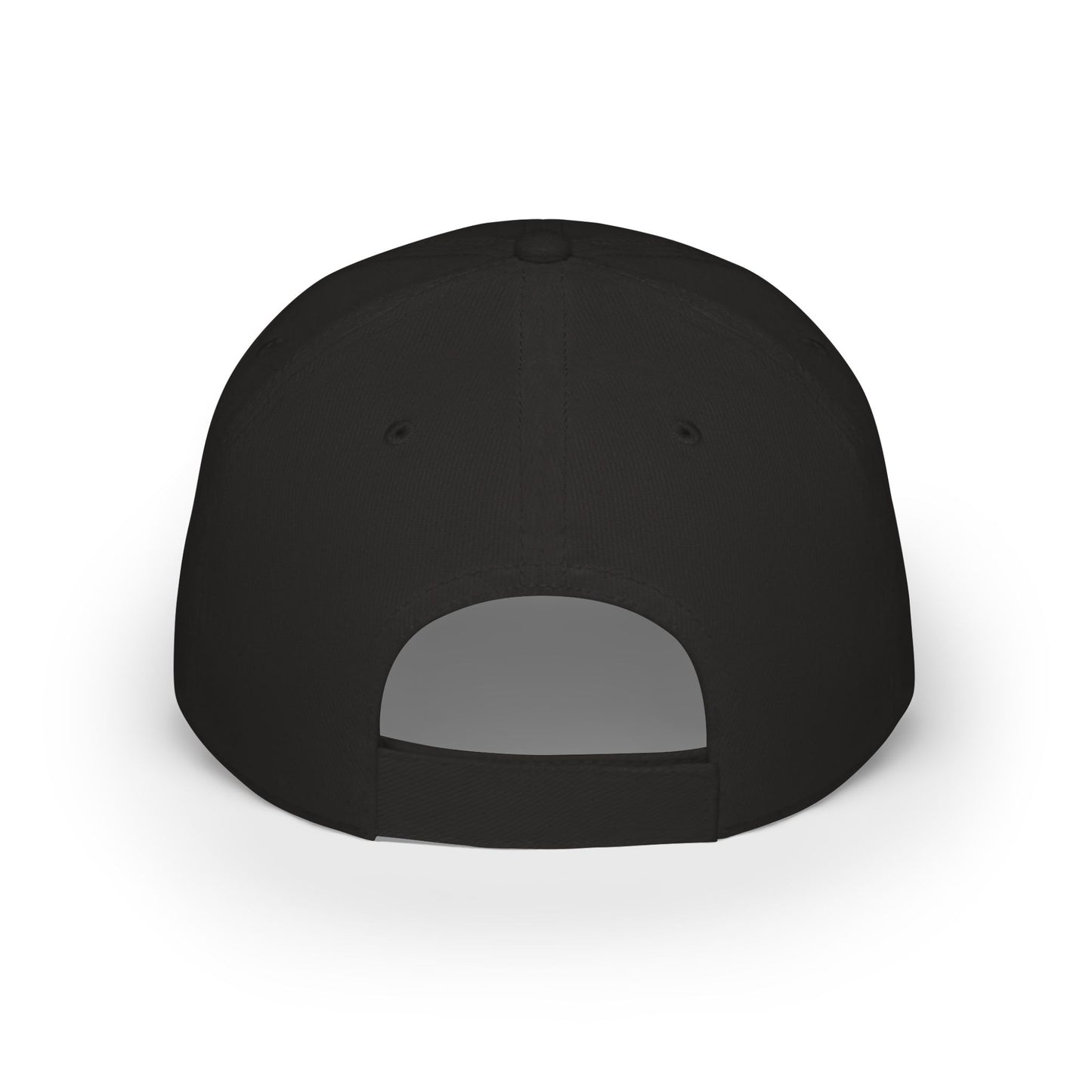 Back view of black dad hat with visible Velcro closure strap