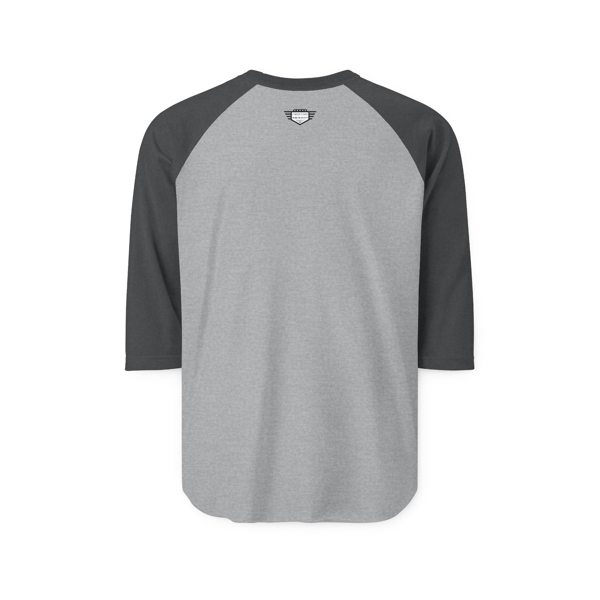 Back of heather gray raglan tee with black 3/4 sleeves, plain with subtle neck tag detail