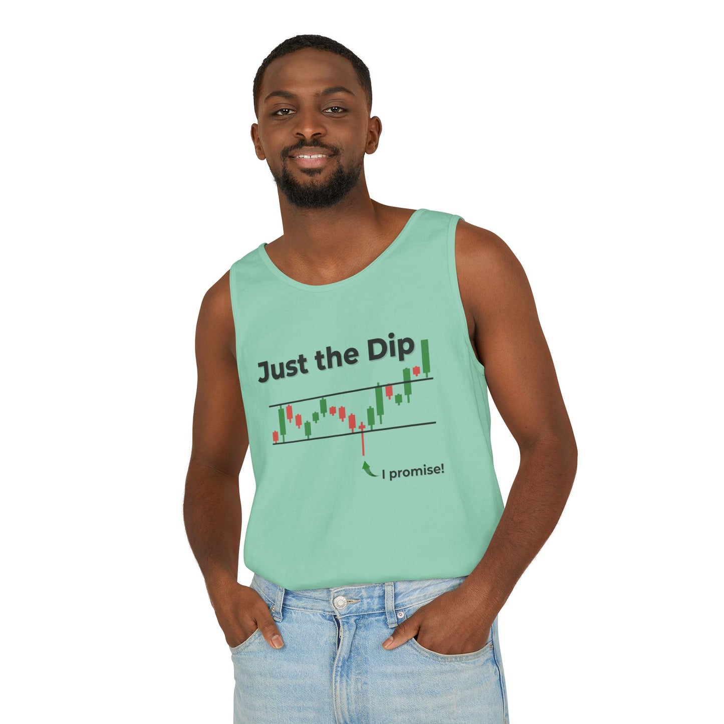 Bearded man grinning in seafoam green "Just the Dip" plunging candlestick gym tank, front view