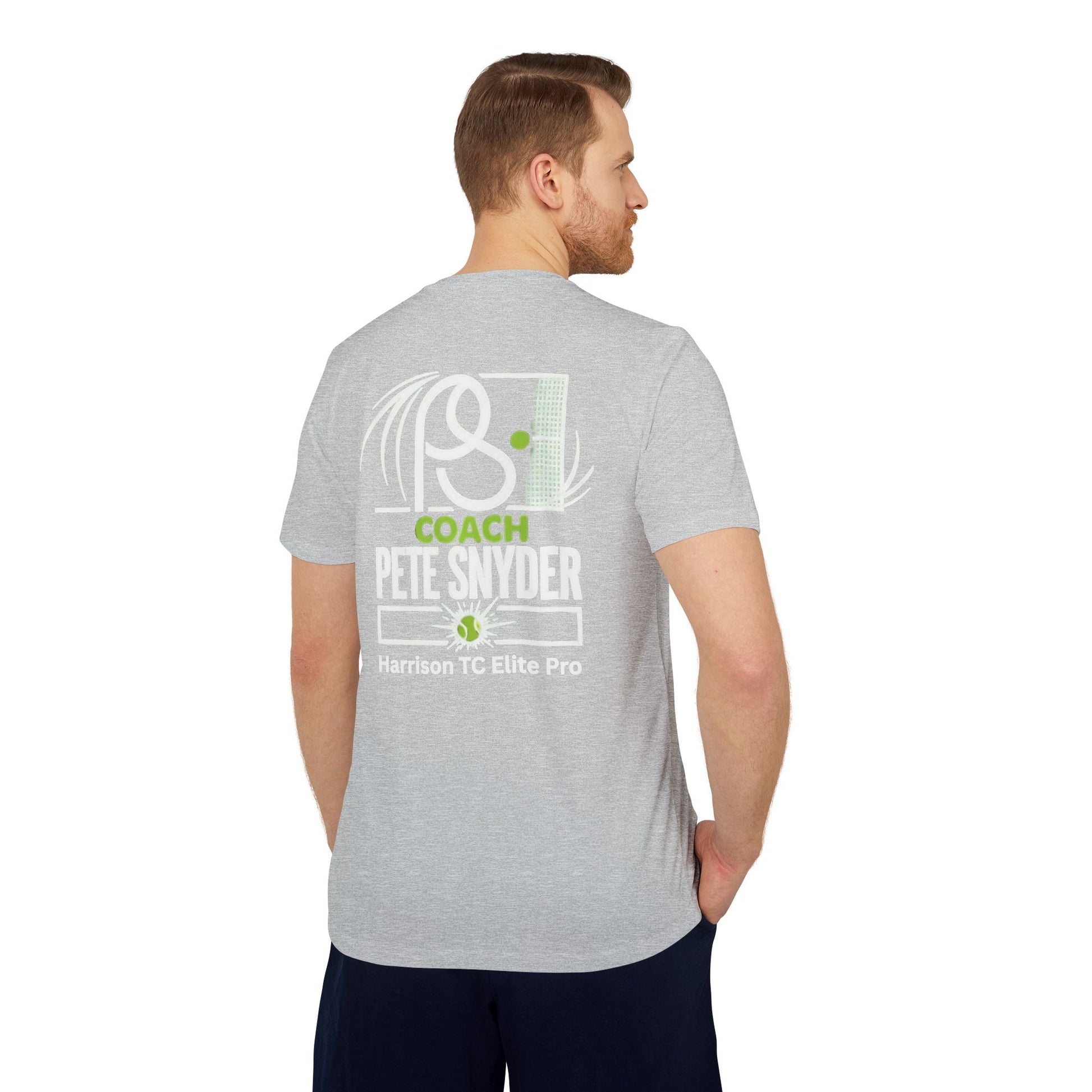 Back view of heather gray performance tee on male model, white tennis net graphic with lime green accents, "COACH PETE SNYDER HARRISON TC ELITE PRO" print