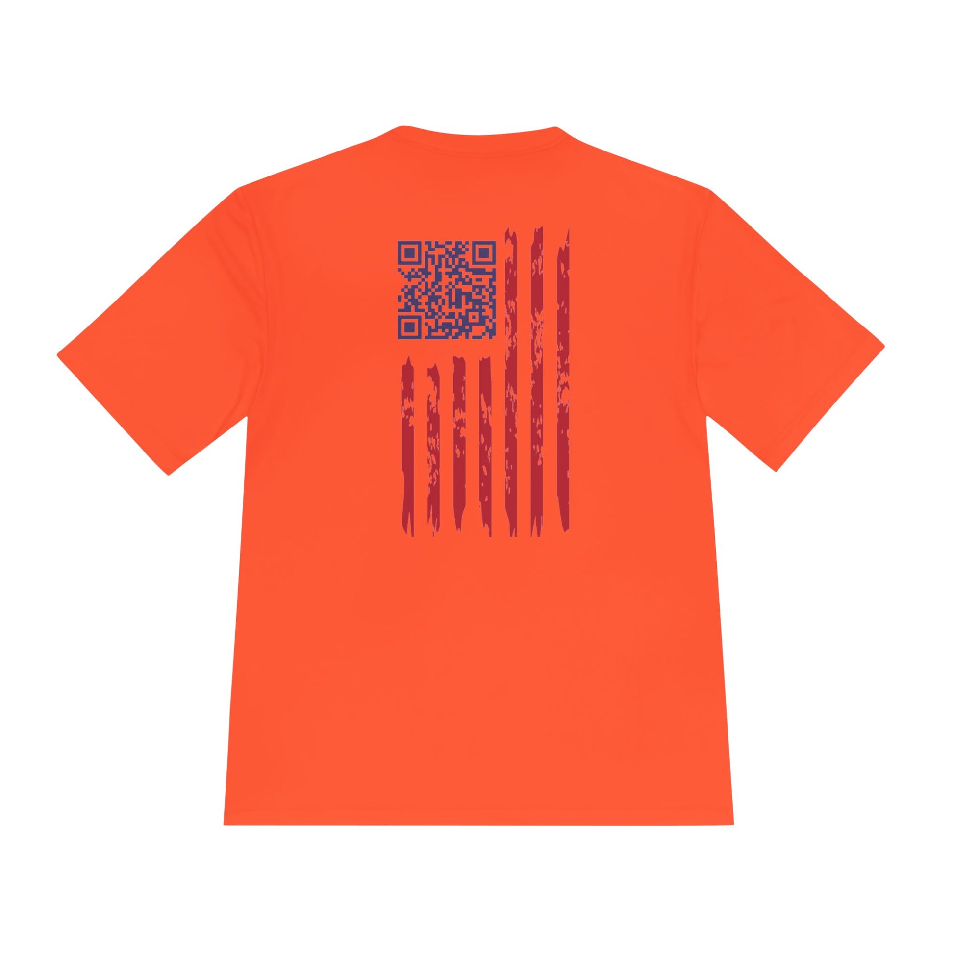 Back view of neon orange tee with blue QR code and rugged red flag stripes