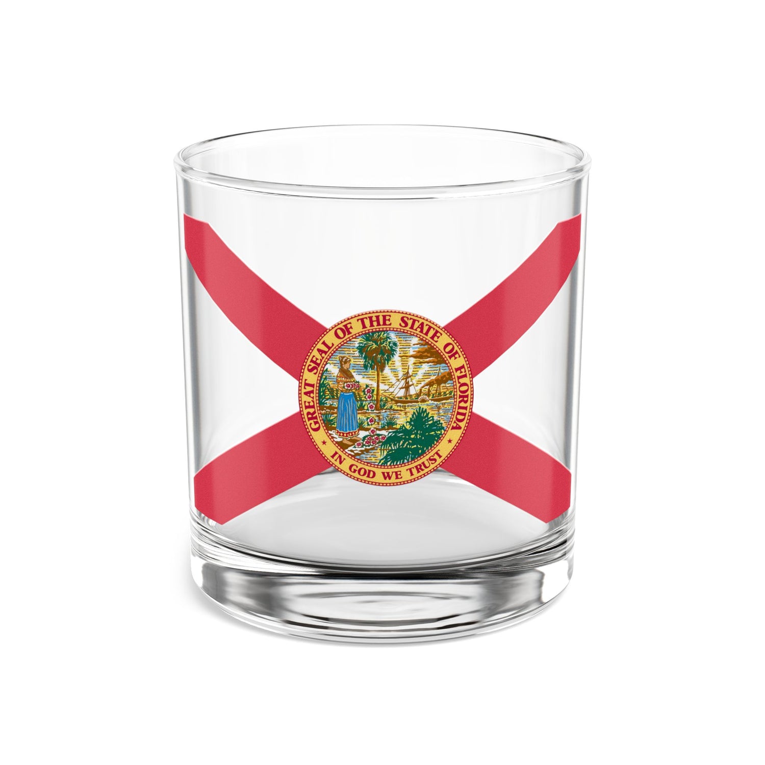 Front view of empty clear rocks glass with vibrant Florida state flag wraparound, red X-cross and gold seal popping