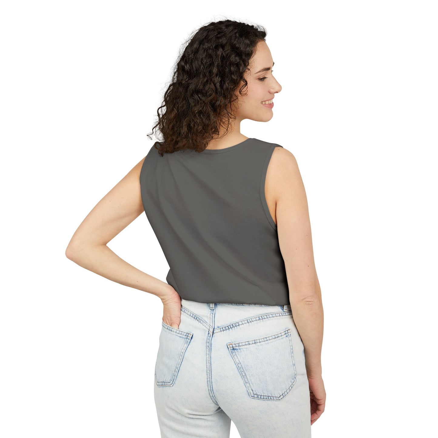 Back side view of woman modeling heather gray tank top with light jeans